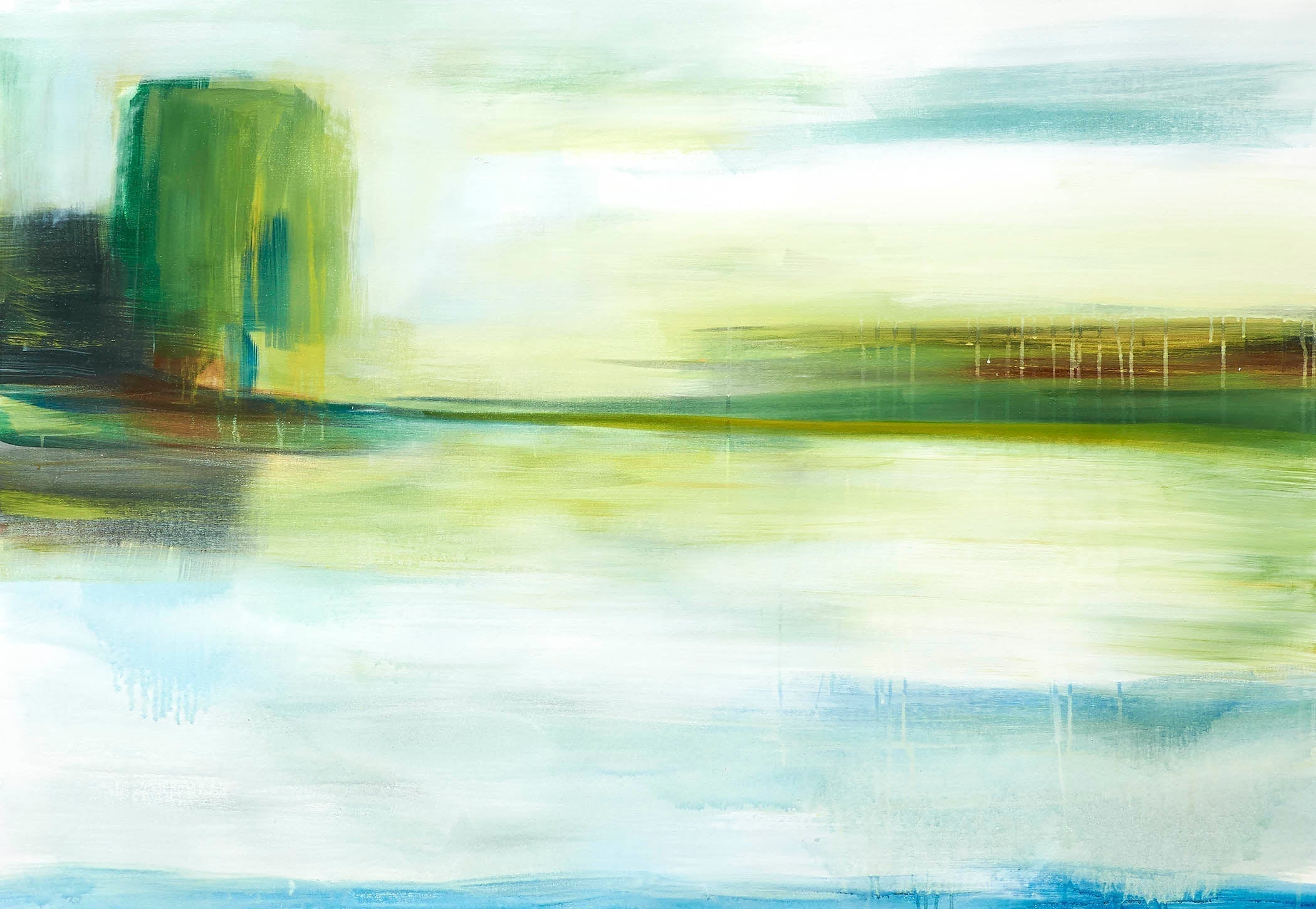 Luminous green and blue landscape abstraction with horizontal sweeps and soft reflections across water. A serene example of reflective artworks inspired by shifting light and atmosphere.