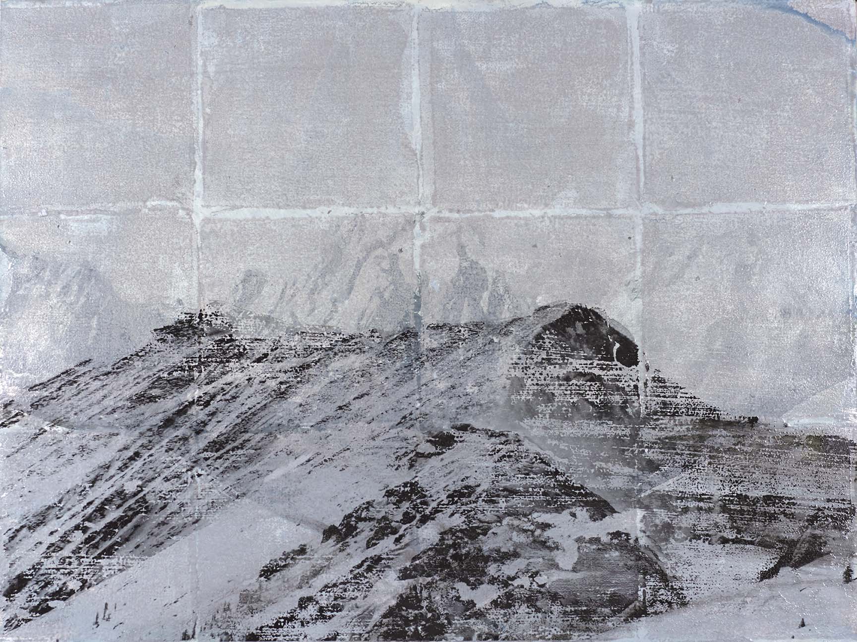 Textured mountain landscape in layered grays and soft whites, evoking distance, cold air, and geological weight. A contemplative terrain study from the winter edit.