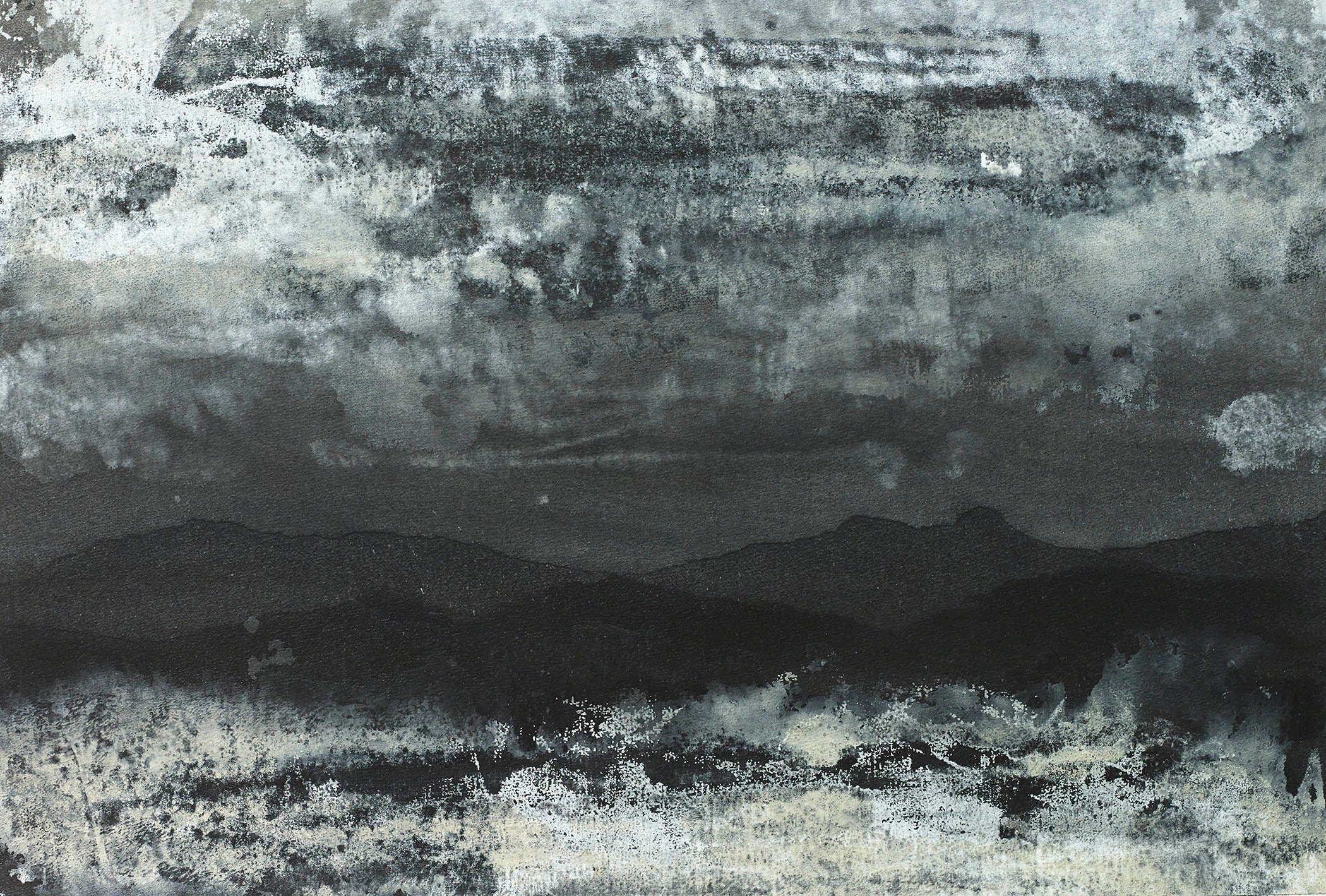 low light art piece of black and white landscape foggy