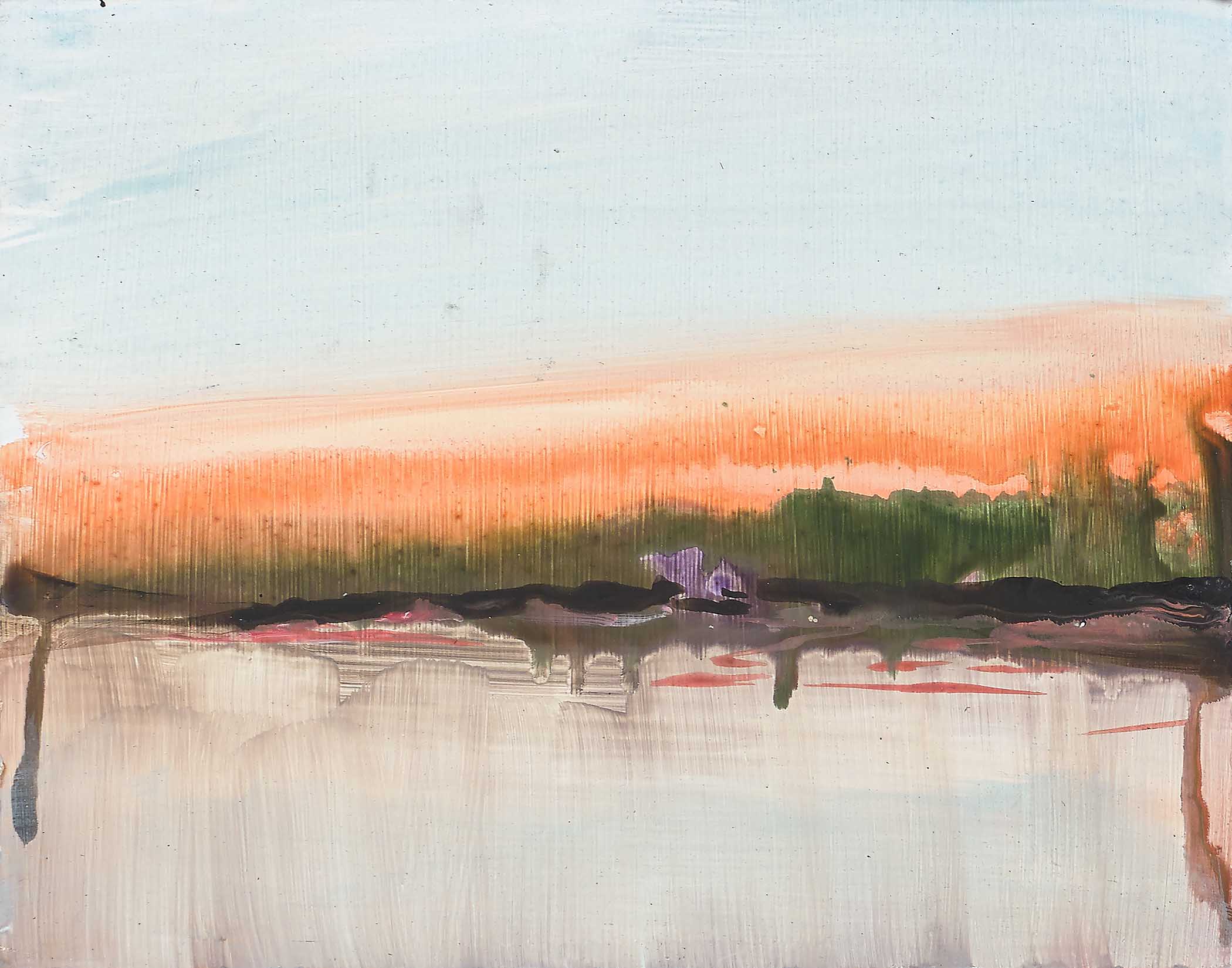 Minimalist horizon painting with muted blue sky and a glowing coral band stretching across a quiet, reflective landscape. Subtle drips and soft edges enhance the tranquil, atmospheric composition.