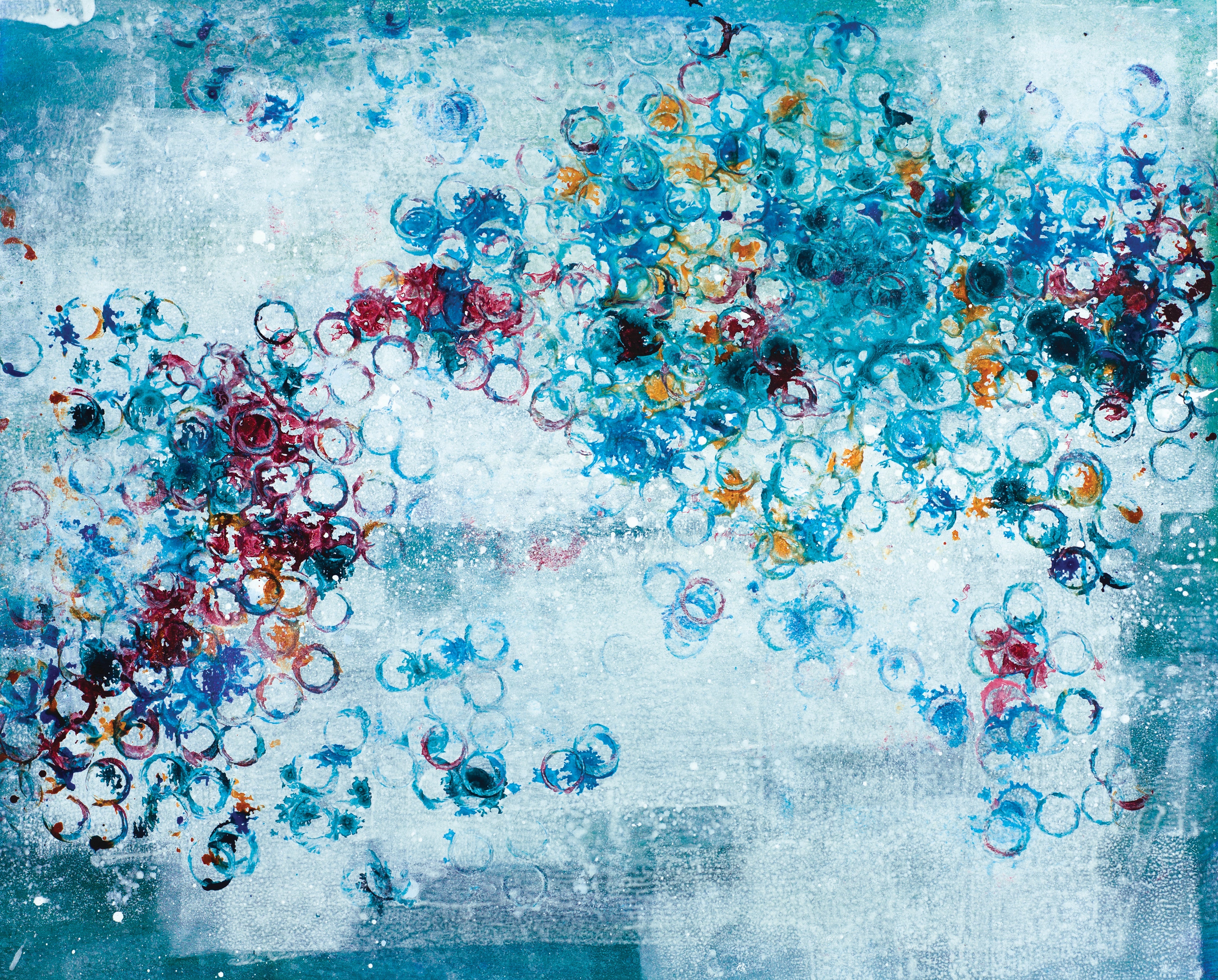 Energetic abstract artwork with circular marks in turquoise, coral, and gold scattered across icy blue textures. Playful mixed-media piece from a blue art collection.