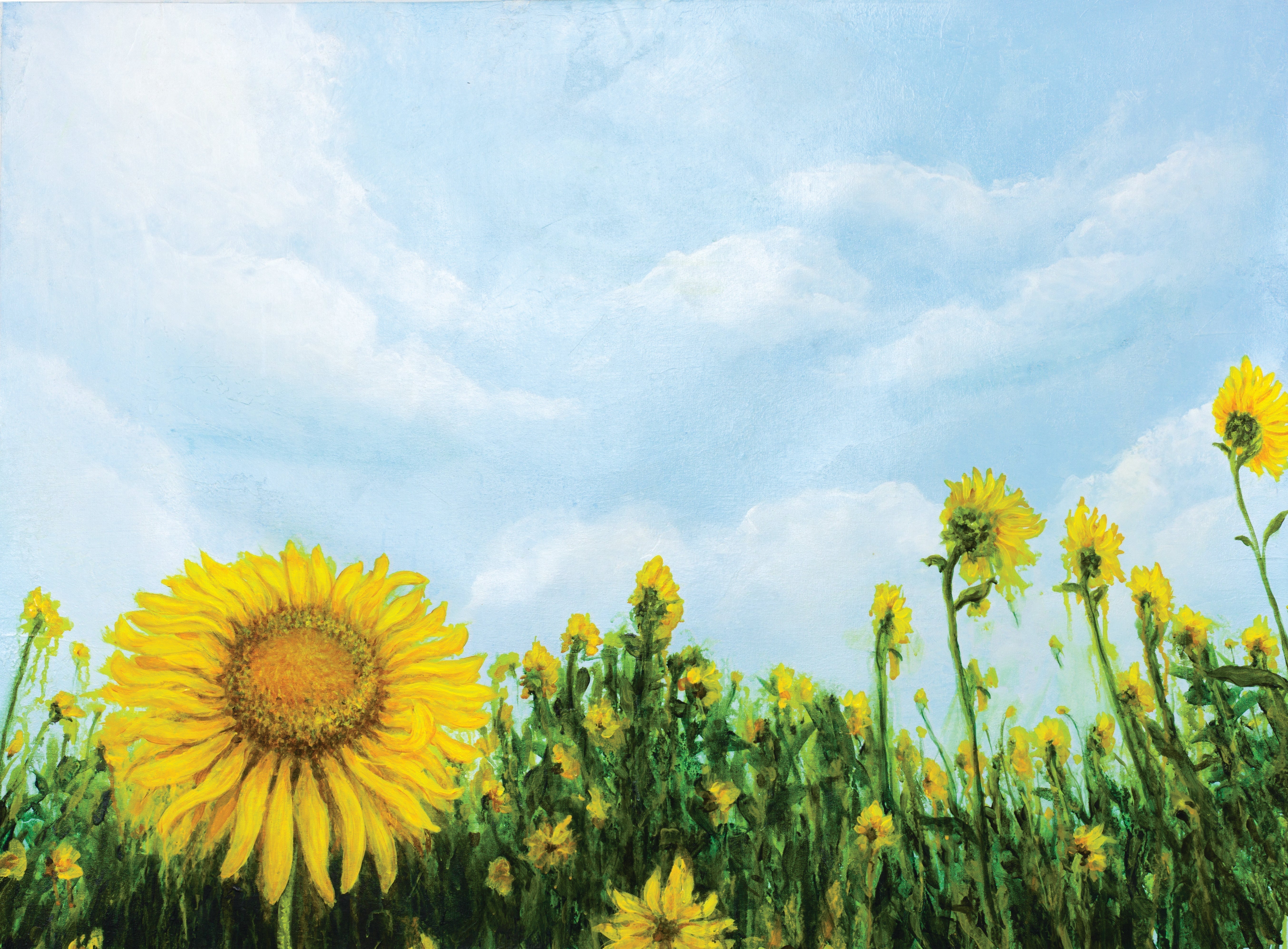 Bright yellow sunflowers stretch upward across a lush green field beneath soft drifting clouds.