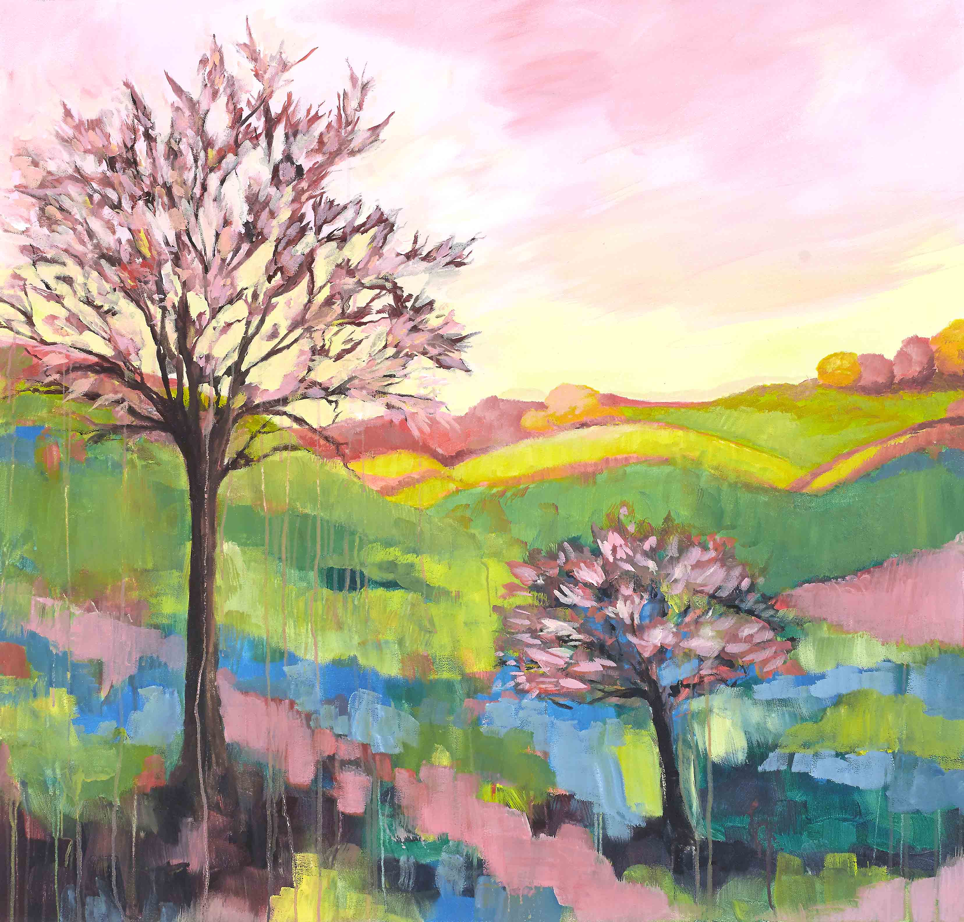 Blossoming trees in pink and coral rise over rolling green hills, with painterly drips adding movement and texture.