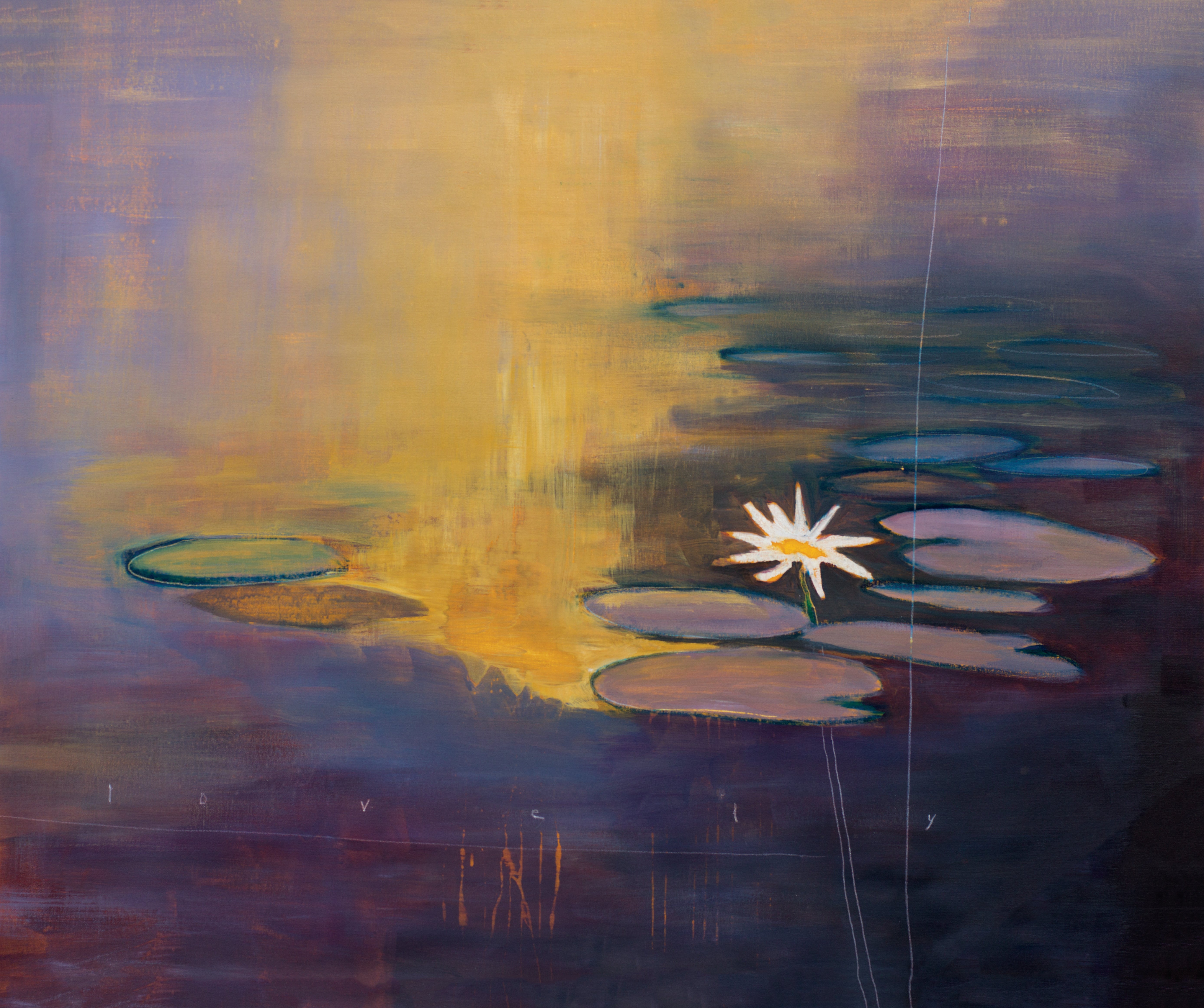 a purple pond showing gold in art