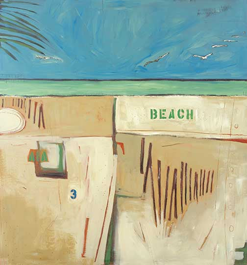 Stylized coastal landscape art with sandy tones, ocean blues, and abstract horizon lines