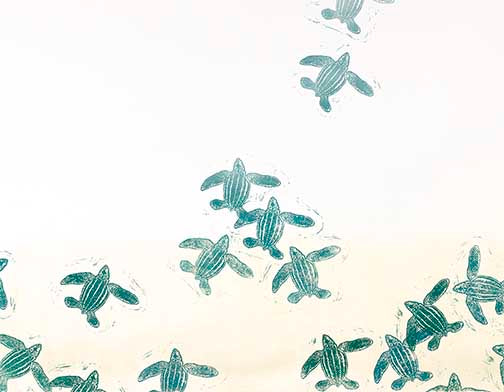 Teal sea turtle wall art with multiple line-drawn turtles drifting in rhythmic motion across a white background.