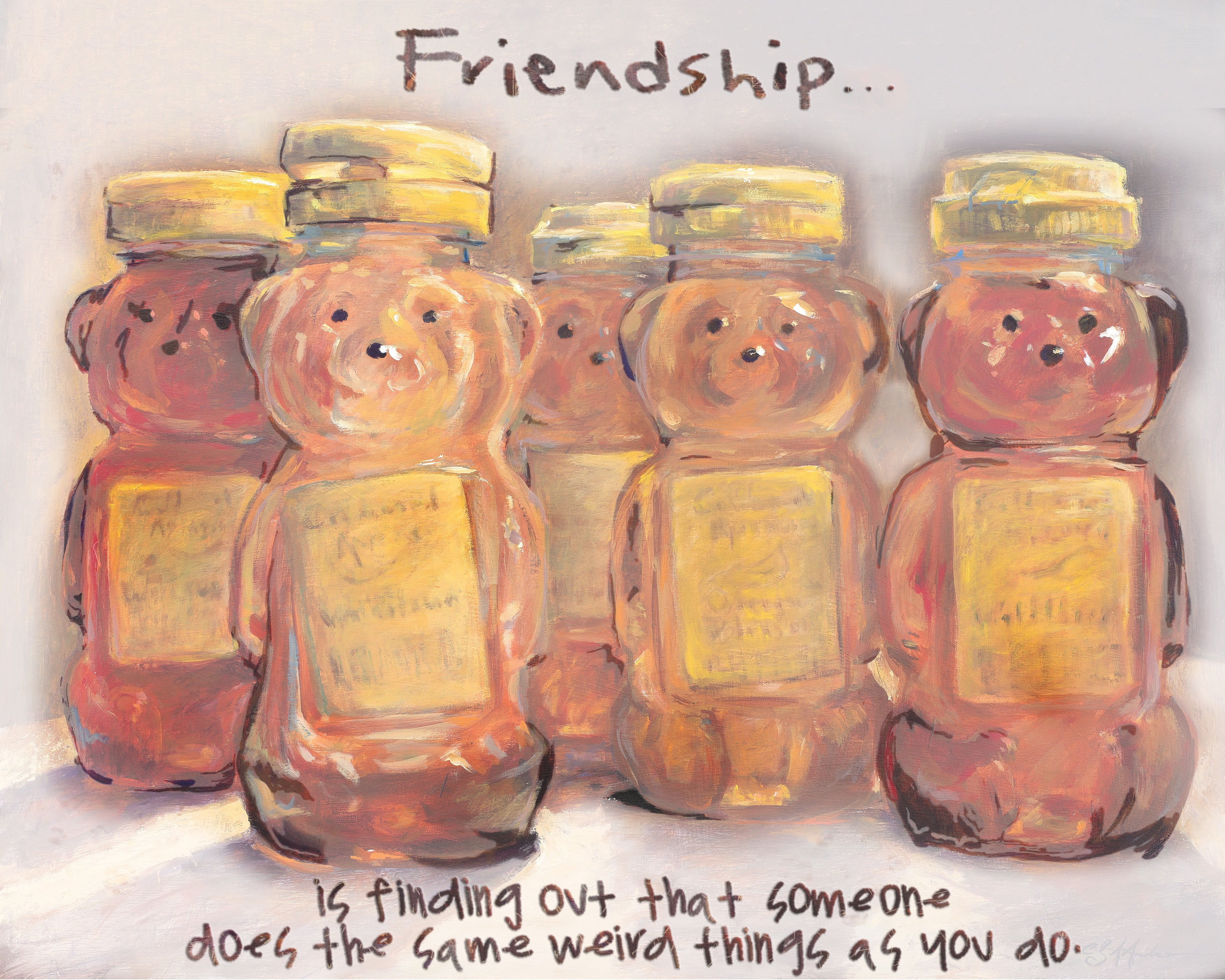 Friendship bear honey art print featuring six painted honey bears with a whimsical friendship quote