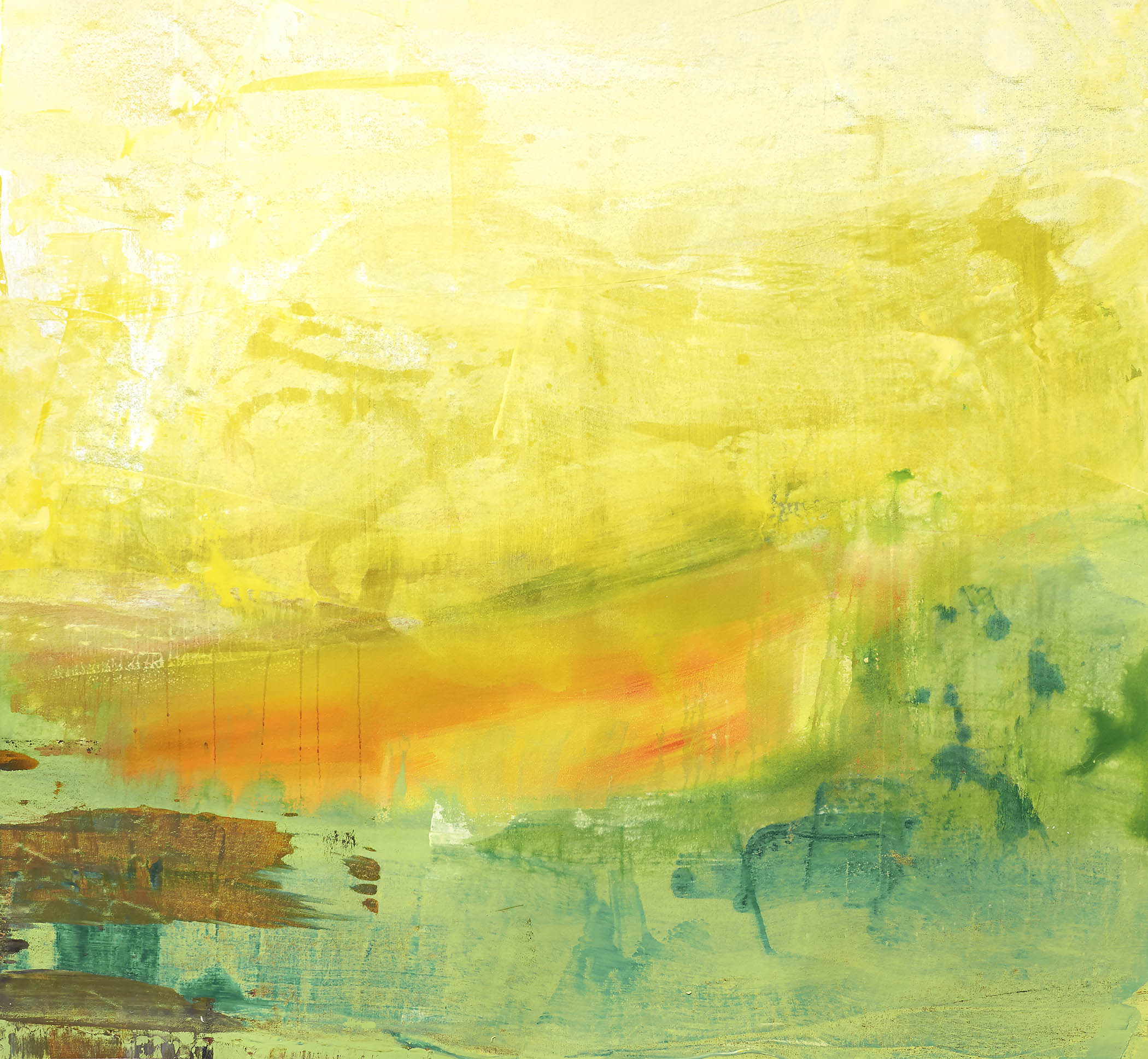 Abstract sunrise landscape art with a radiant yellow wash spilling across soft turquoise, green, and orange fields, evoking dawn and warm atmospheric light.