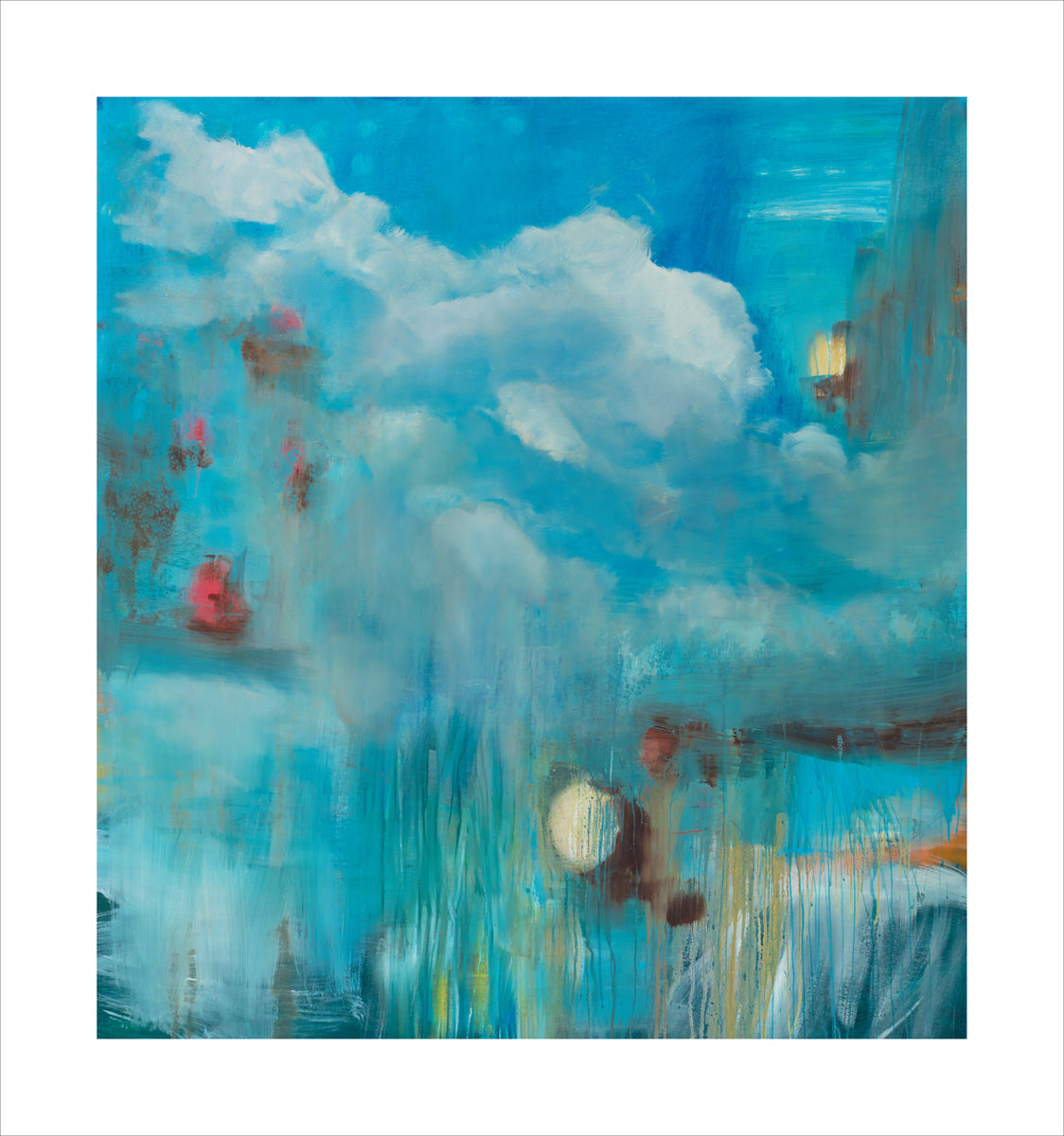 Abstract skyscape art with billowing clouds in a turquoise sky, accented by soft vertical drips and glowing coral and gold highlights.