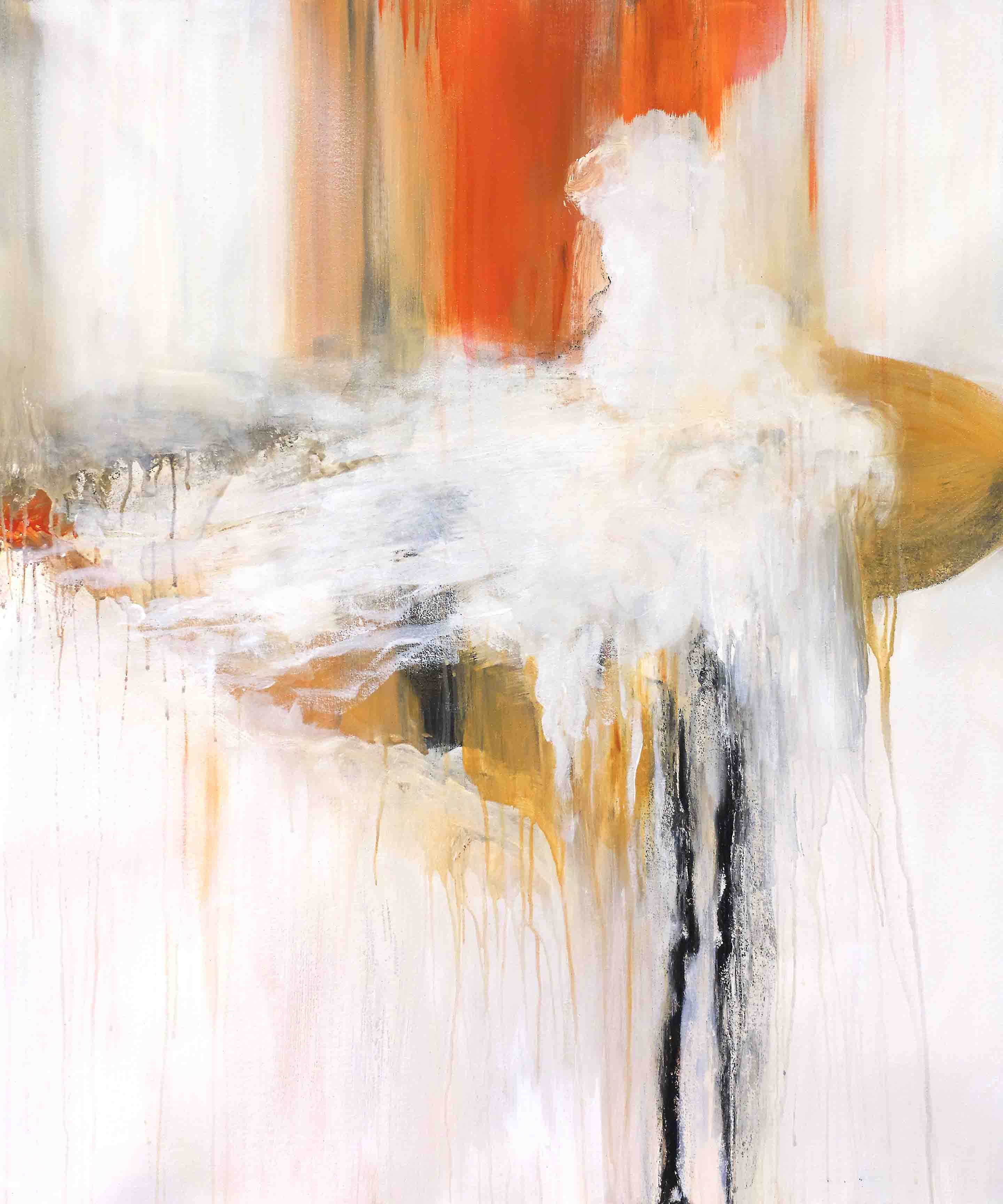 Gold orange abstract art with flowing ivory, burnt orange, and white plume-like strokes in a fluid composition.