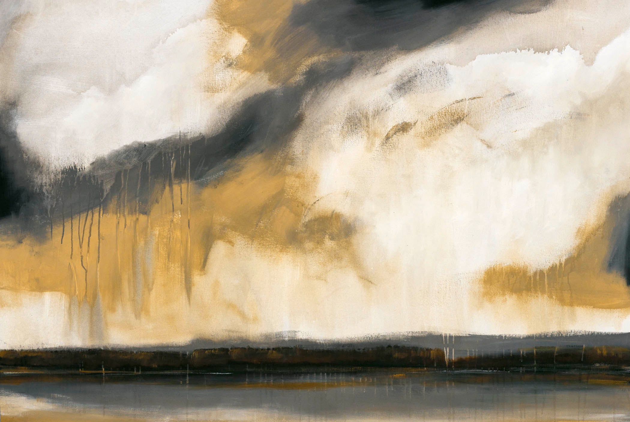 Atmospheric abstract landscape art with golden ochre and smoky gray forms cascading from cloud-like textures and reflected across a calm, mirrored surface.
