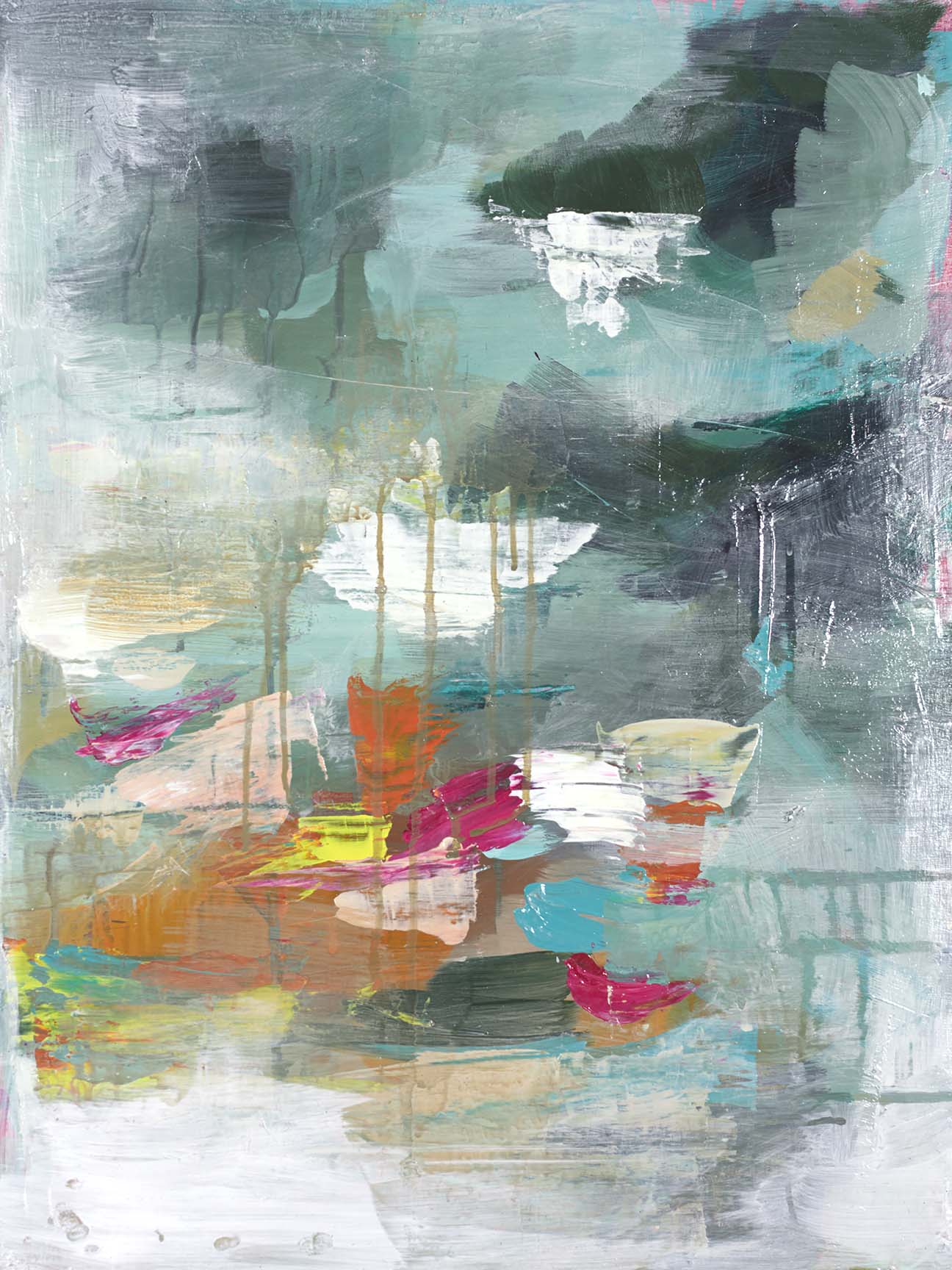 Abstract painting with thick teal blush and saffron strokes drifting across a misty green haze balancing movement and stillness with soft painterly depth