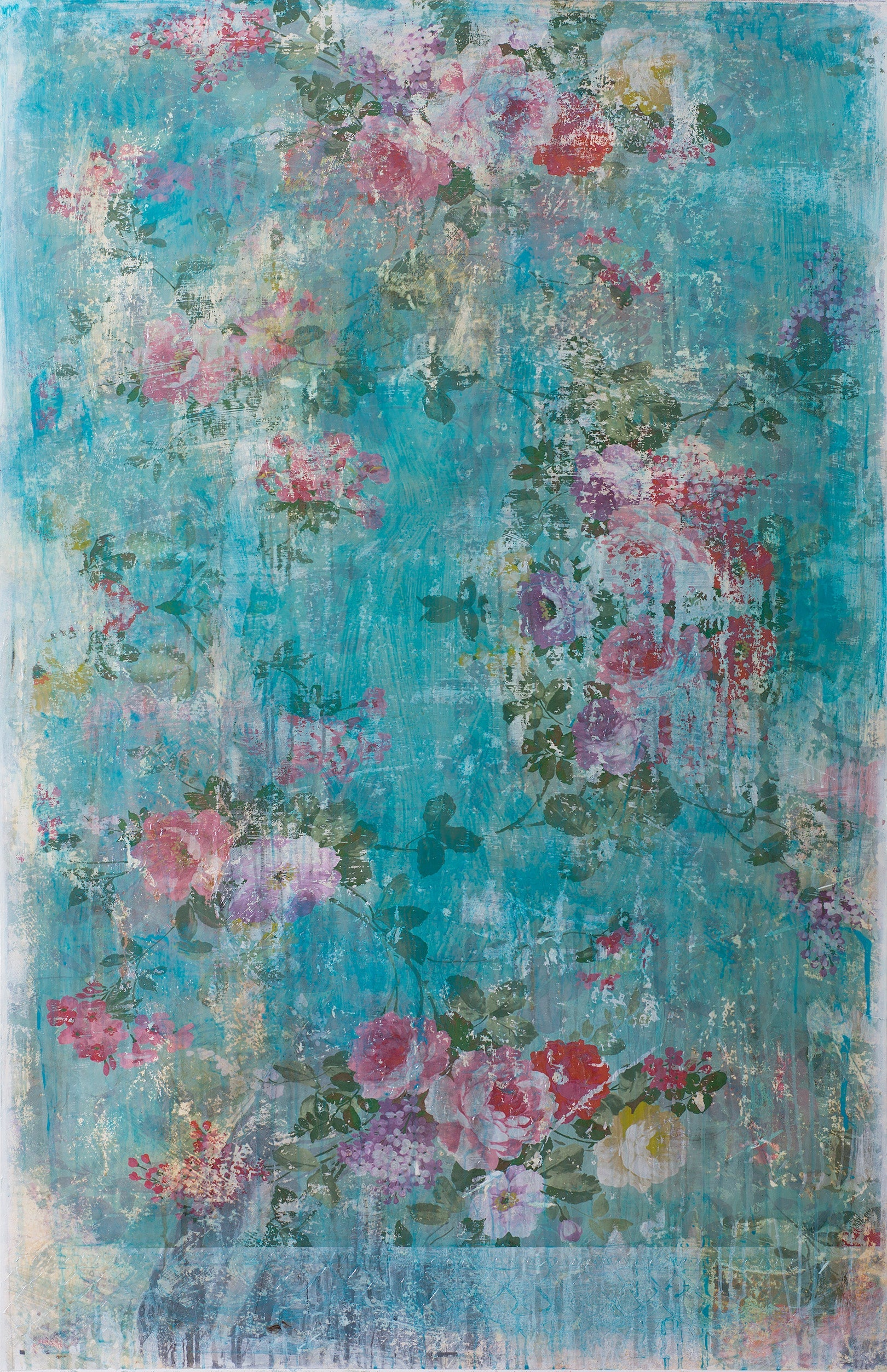 Floral abstract painting with faded roses and lilacs on a distressed aqua background, evoking vintage elegance and dreamlike coastal charm.
