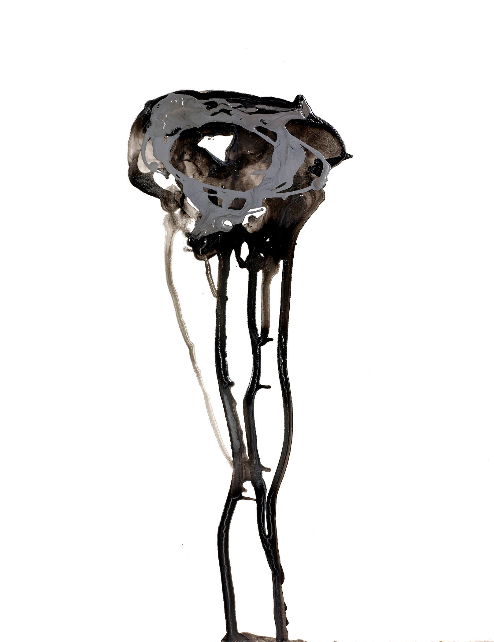 Haunting organic abstraction with swirling black mass and dripping tendrils on white, evoking anatomy, jellyfish, and eerie vitality.