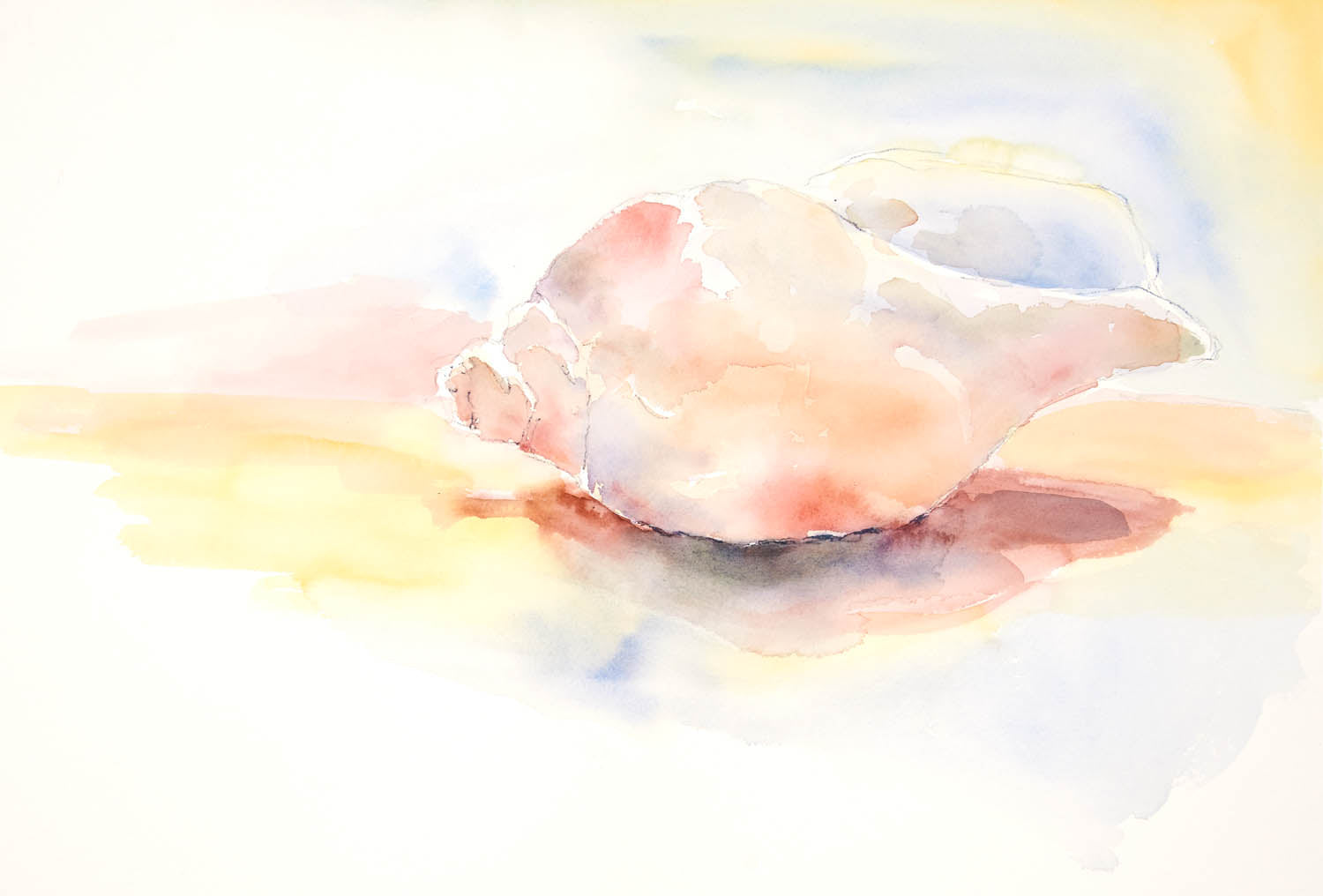 Coastal watercolor painting of a conch shell glowing in coral, gold, and lavender tones, evoking warmth and seaside calm.