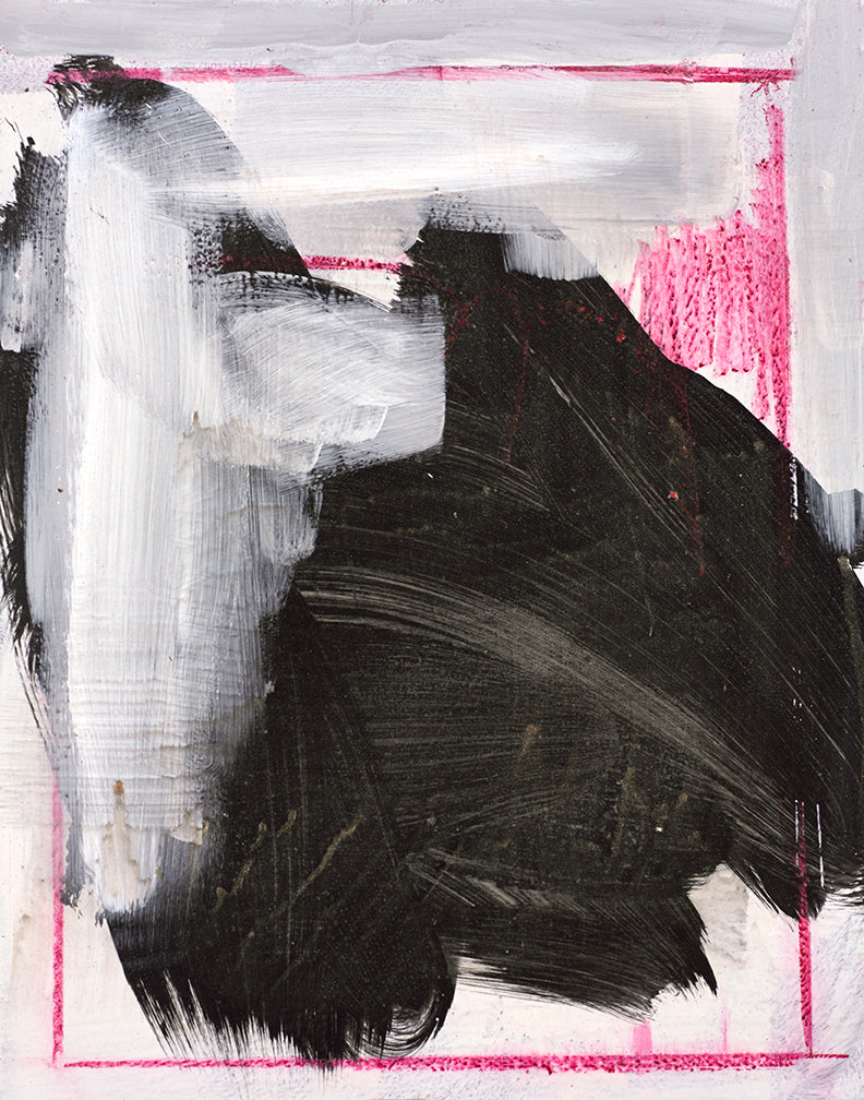 Dynamic abstract artwork with black and white strokes framed by magenta, evoking tension, power, and expressive energy.