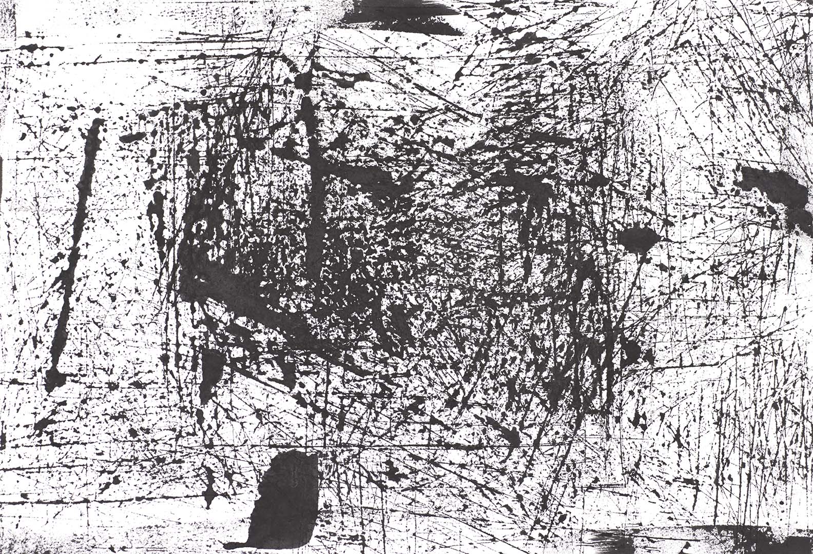 Raw abstract print with black splatters and scratch marks on a white background, evoking energy, texture, and explosive motion.