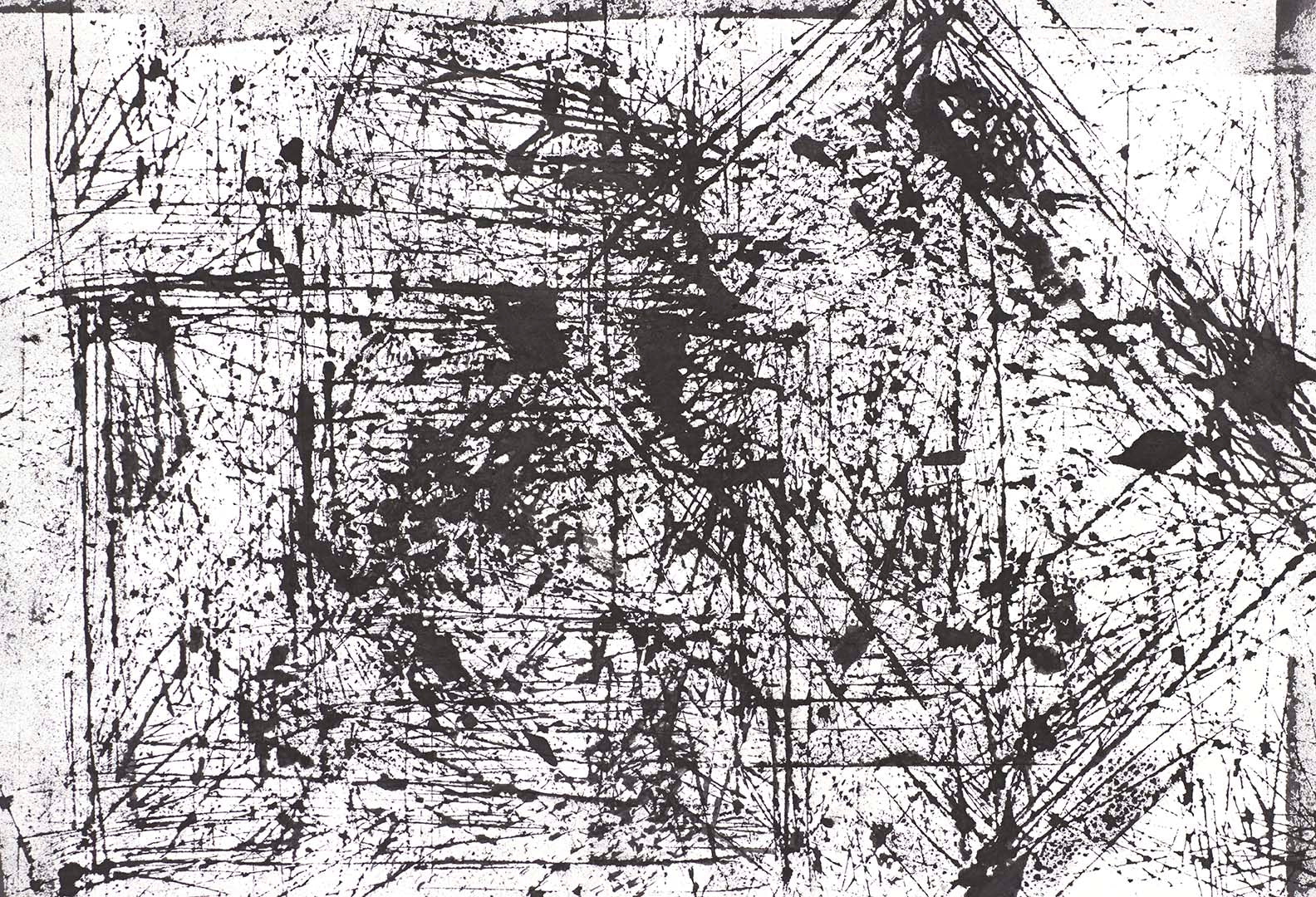 Expressive abstract print with black ink scratches and splashes across white space, evoking motion, texture, and tension.