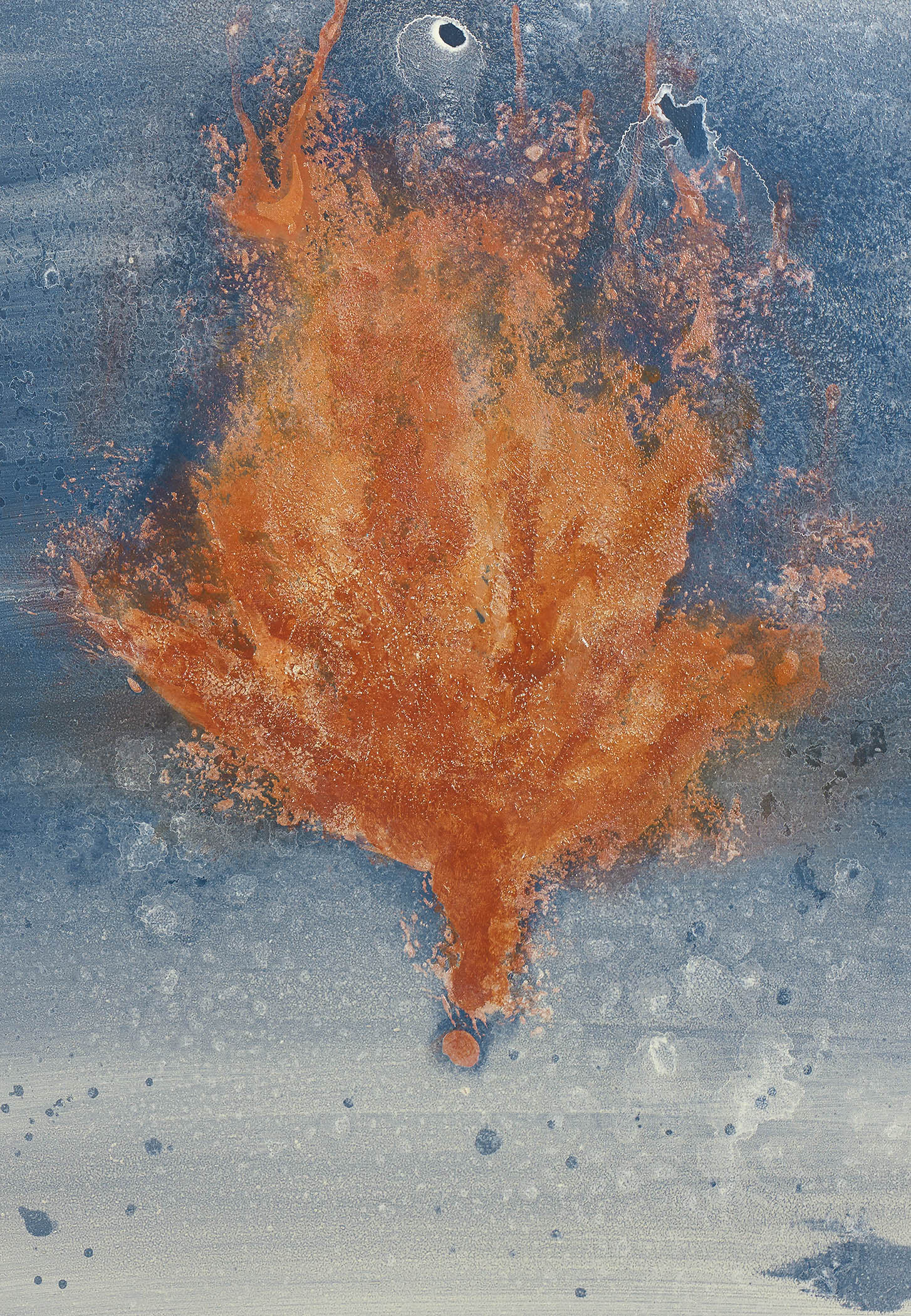 Marine abstract painting with burnt orange coral-like bloom rising from blue depths, evoking underwater flare and organic eruption.