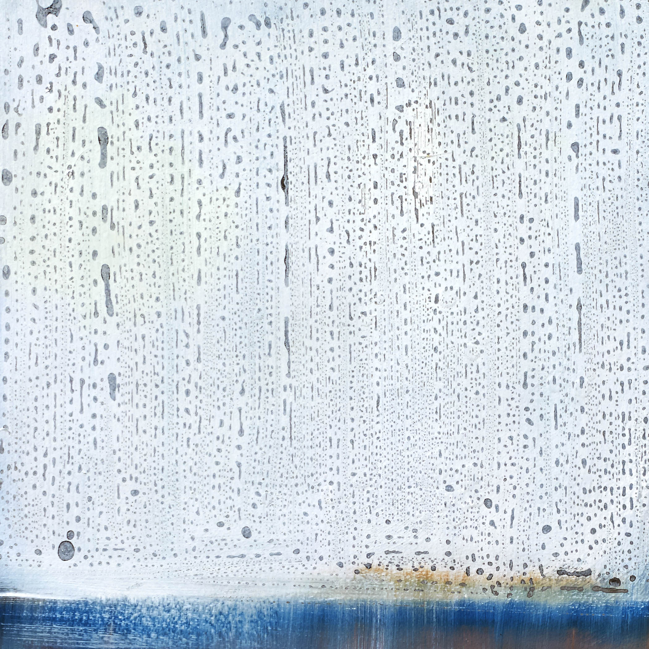 Atmospheric abstract painting in cool whites and steel blues with static rain effect, evoking serenity, glitch-like rhythm, and quiet electricity.