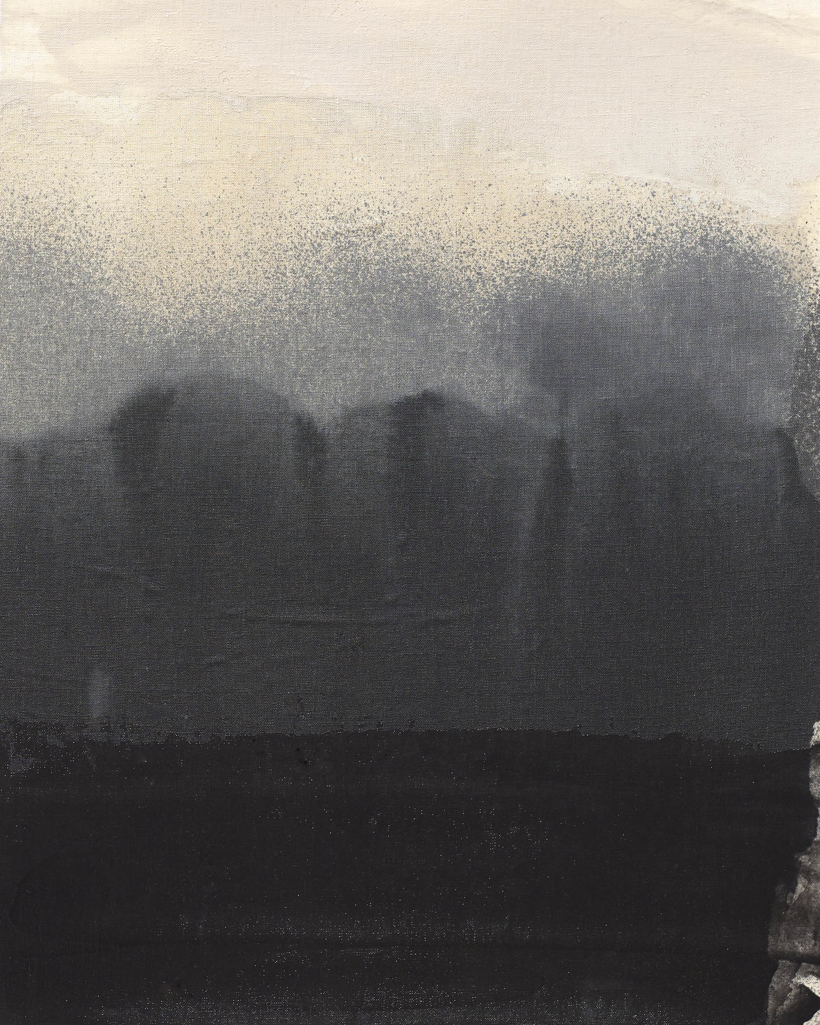 Stark landscape abstraction with a black horizon fading into ash and ivory, evoking silence, atmosphere, and quiet immensity.