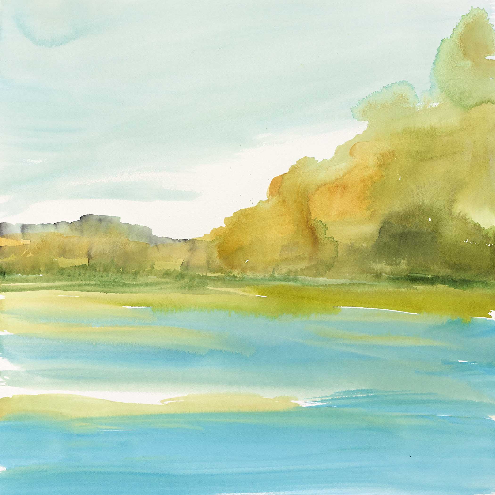 Tranquil watercolor landscape with golden trees, soft green hills, and calm reflective water under open sky.