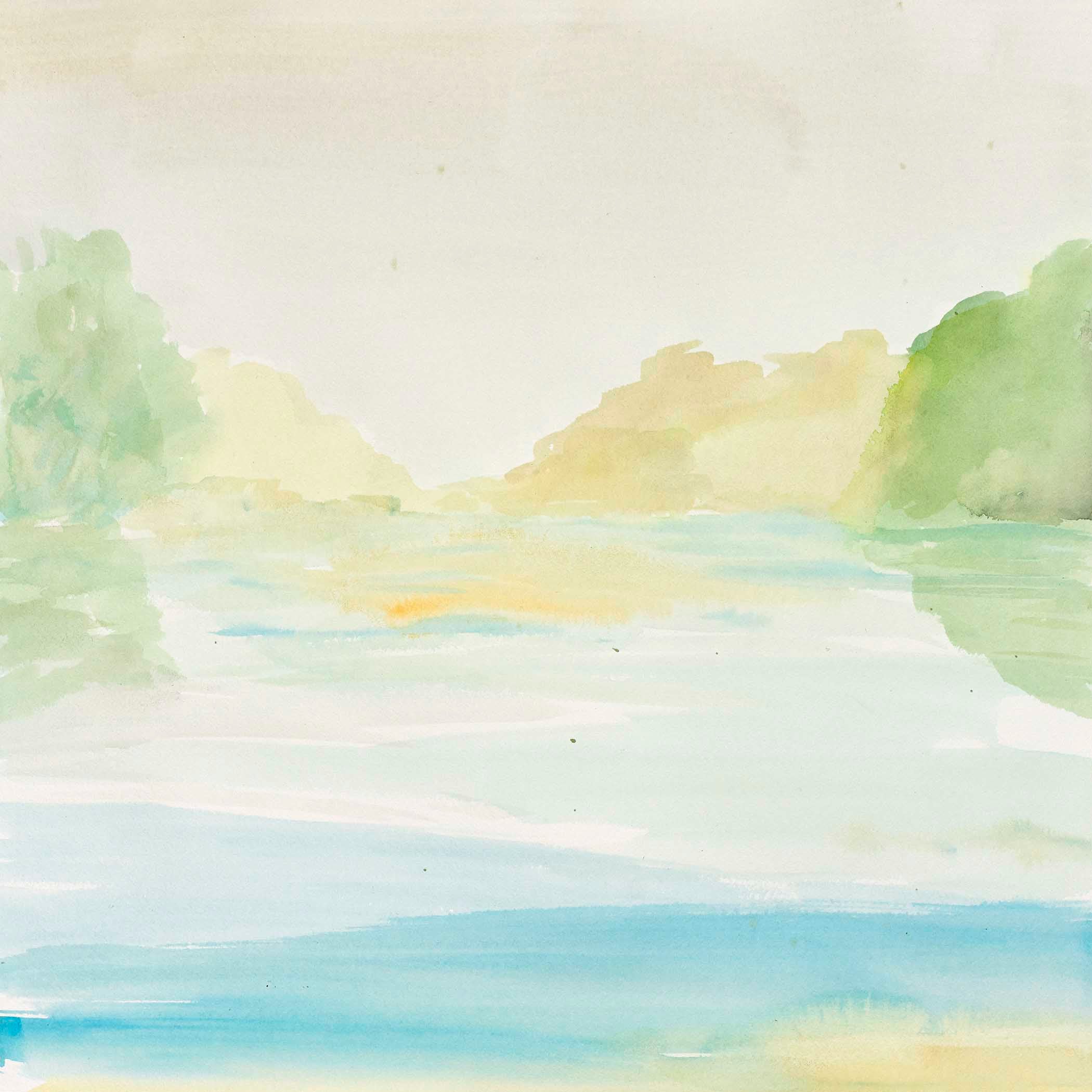 Dreamy watercolor landscape with soft river in mint, ochre, and pale blue tones, serene and tranquil.