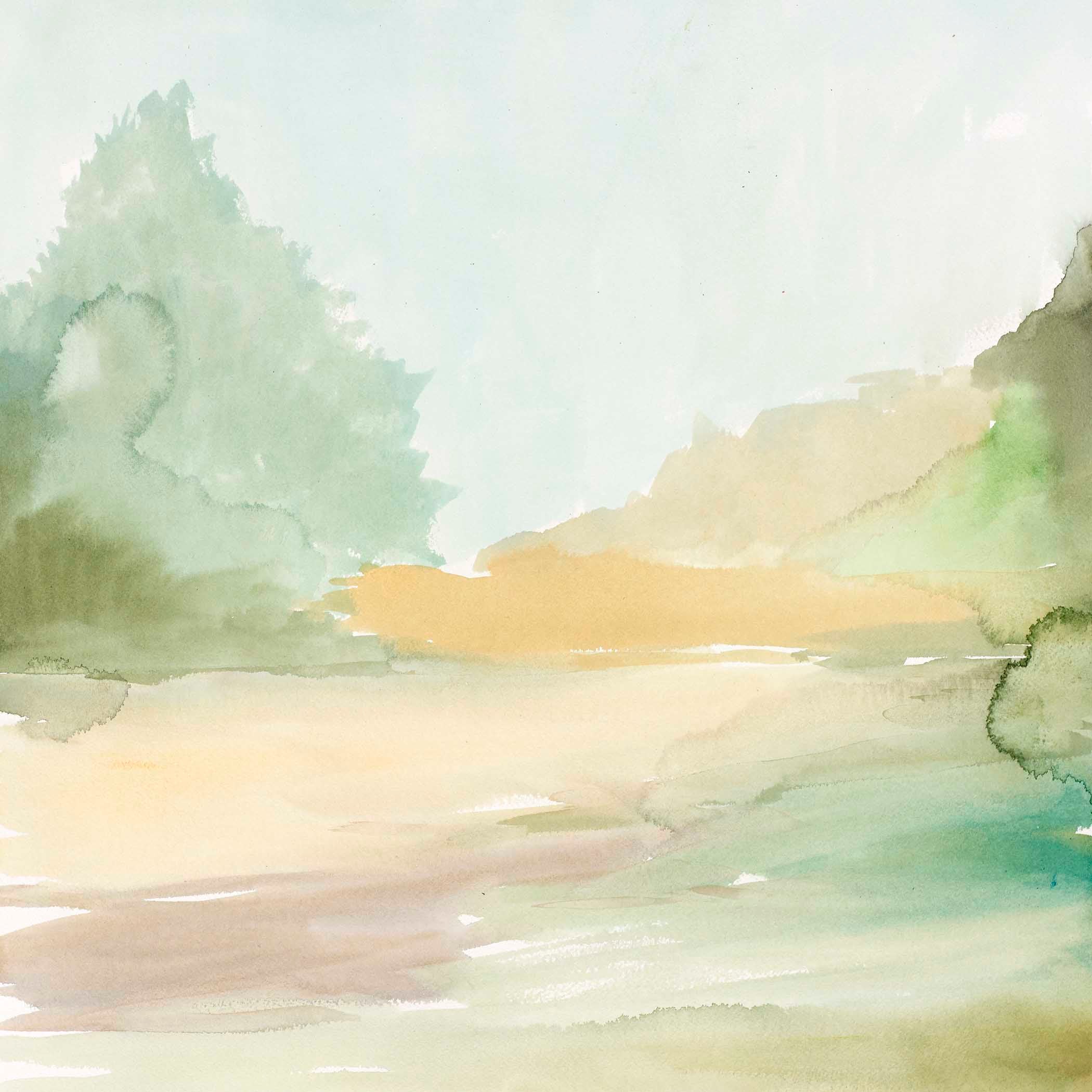 Golden watercolor landscape with soft plains, green shadows, and misty blue sky in warm light.