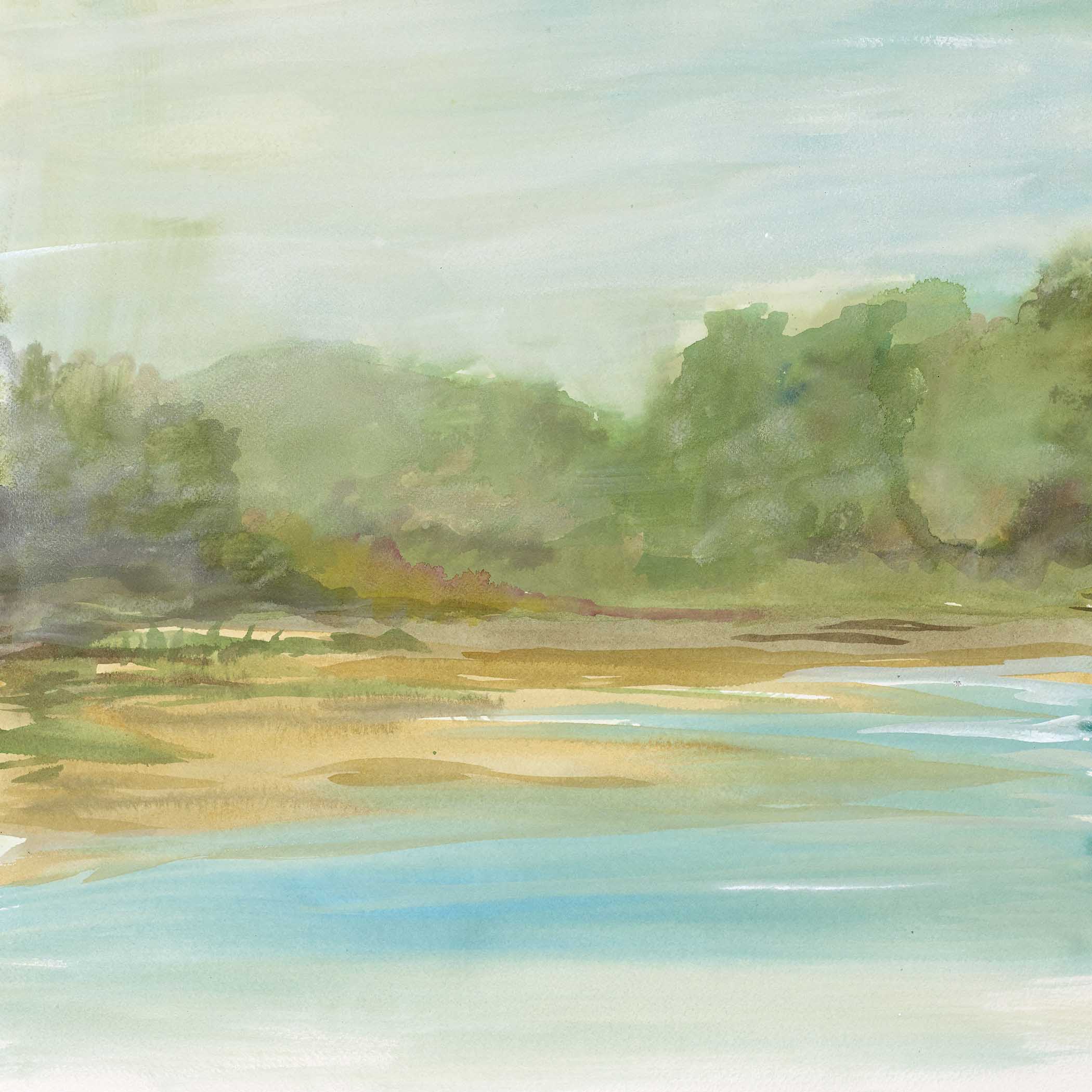 Earthy watercolor painting with teal and ochre tones, hazy green trees, and soft natural atmosphere.