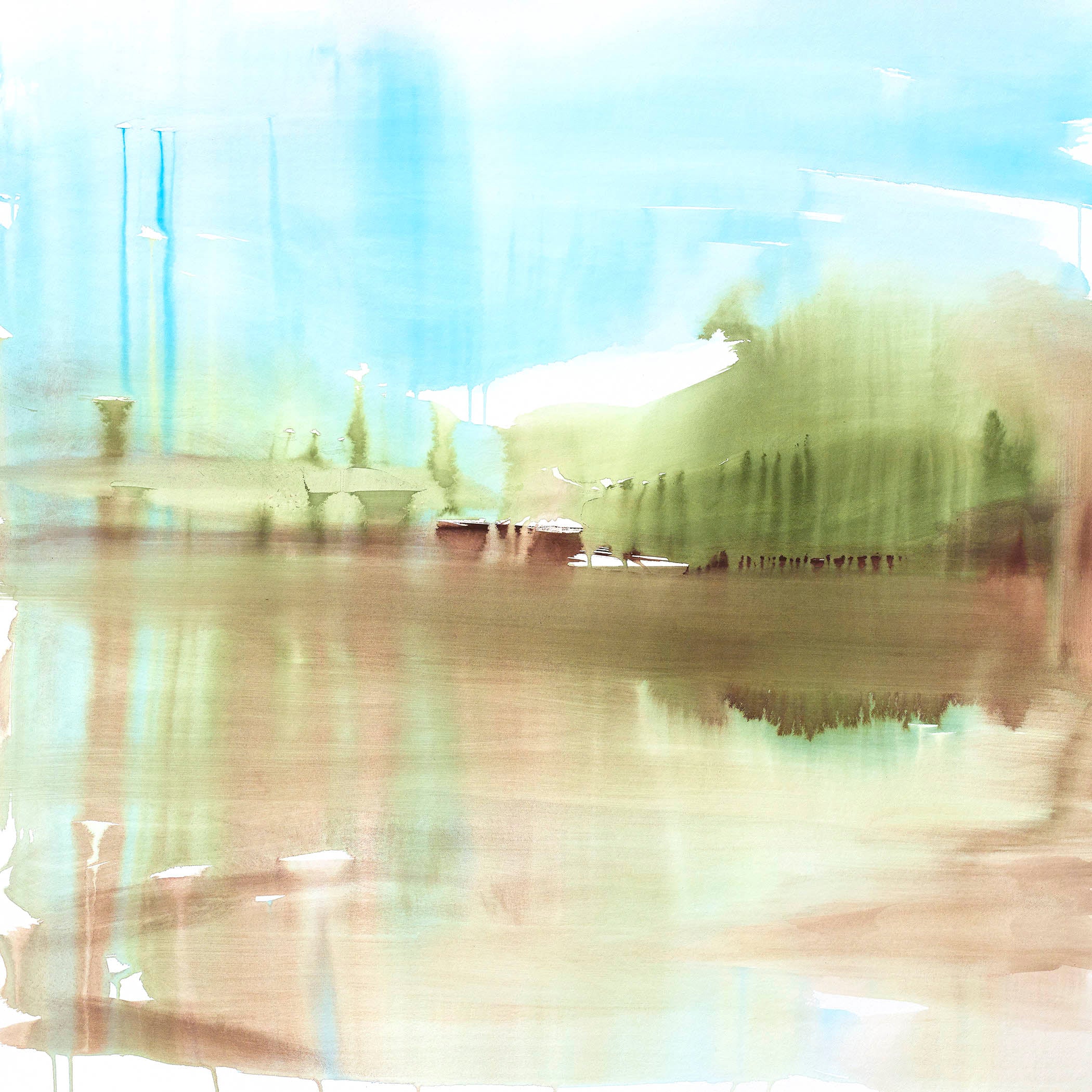 Lakeside abstract memory painting with soft drips, muted greens, warm browns, and hazy pale-blue reflections creating a dreamlike atmosphere.