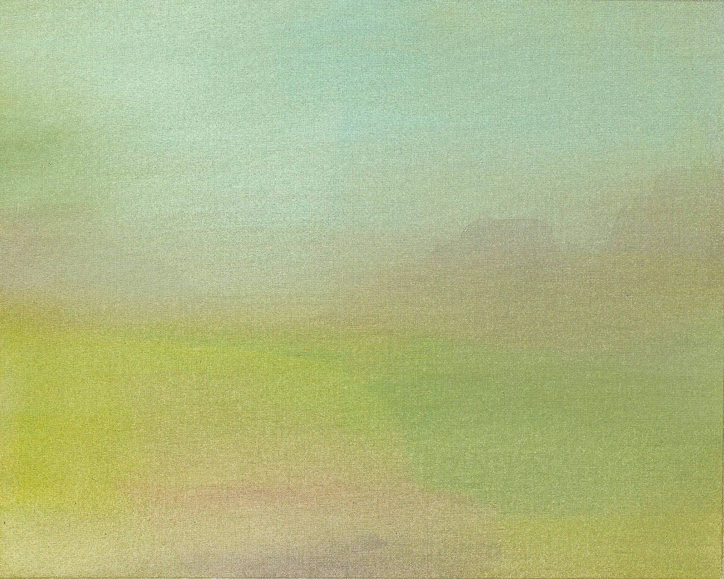 Minimal misty landscape with sage, gold, and soft gray tones resembling distant hills in fog.