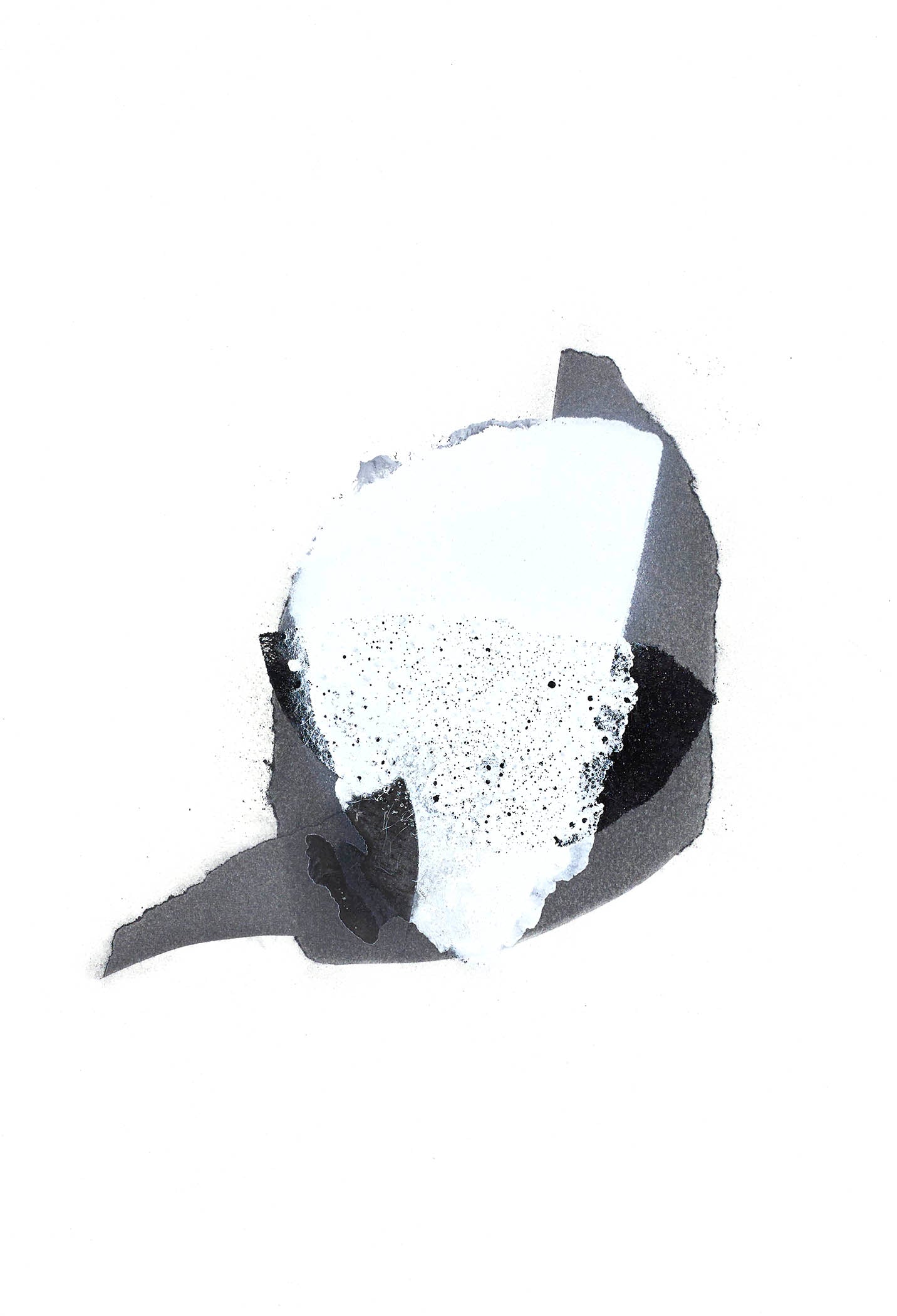 Minimalist abstract form in charcoal, black, and powdery white with soft shapes that appear both solid and dissolving.