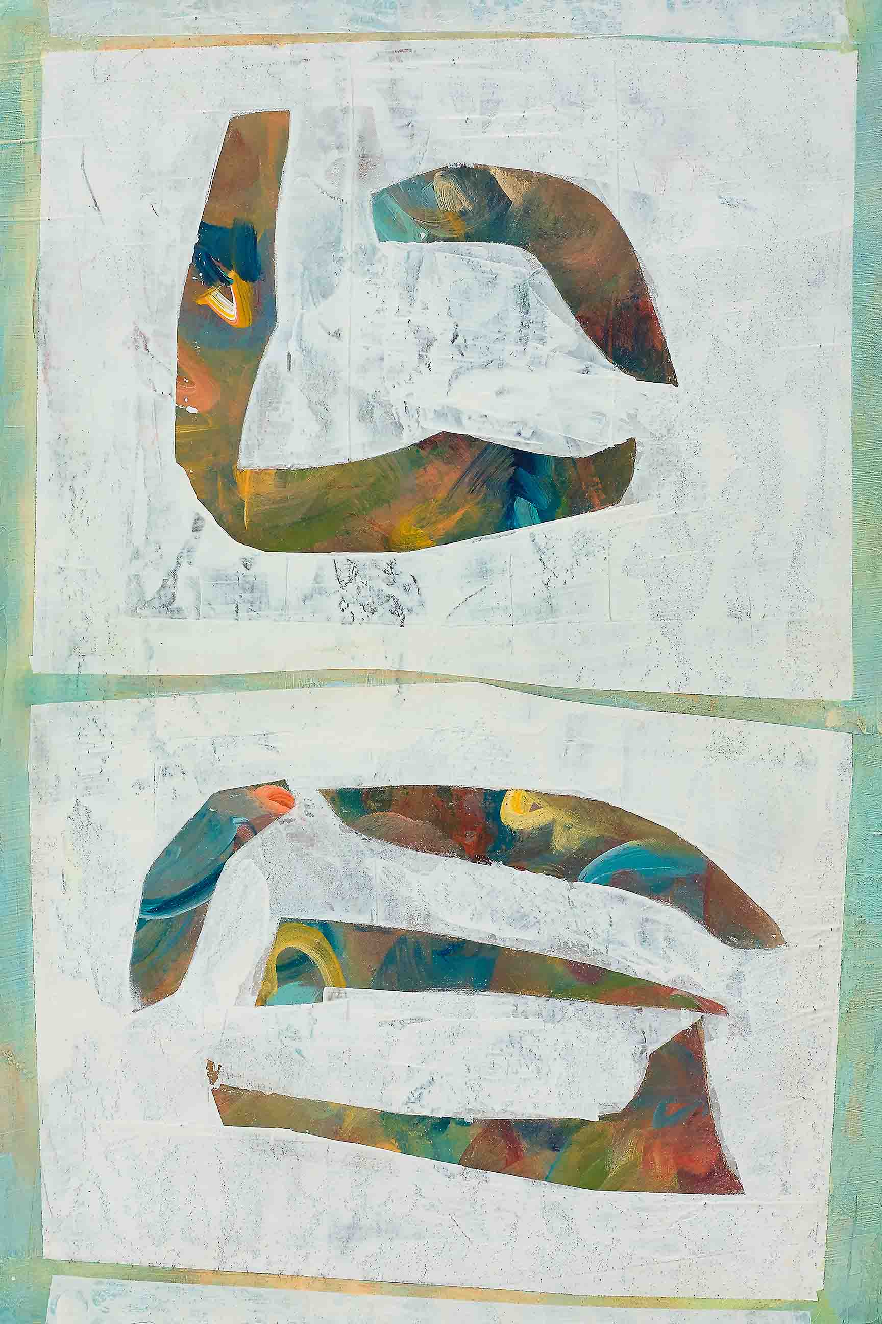 Mysterious abstract painting with two glyph-like shapes in icy fields, filled with swirls of blue, ochre, and vermilion, evoking ancient forms.