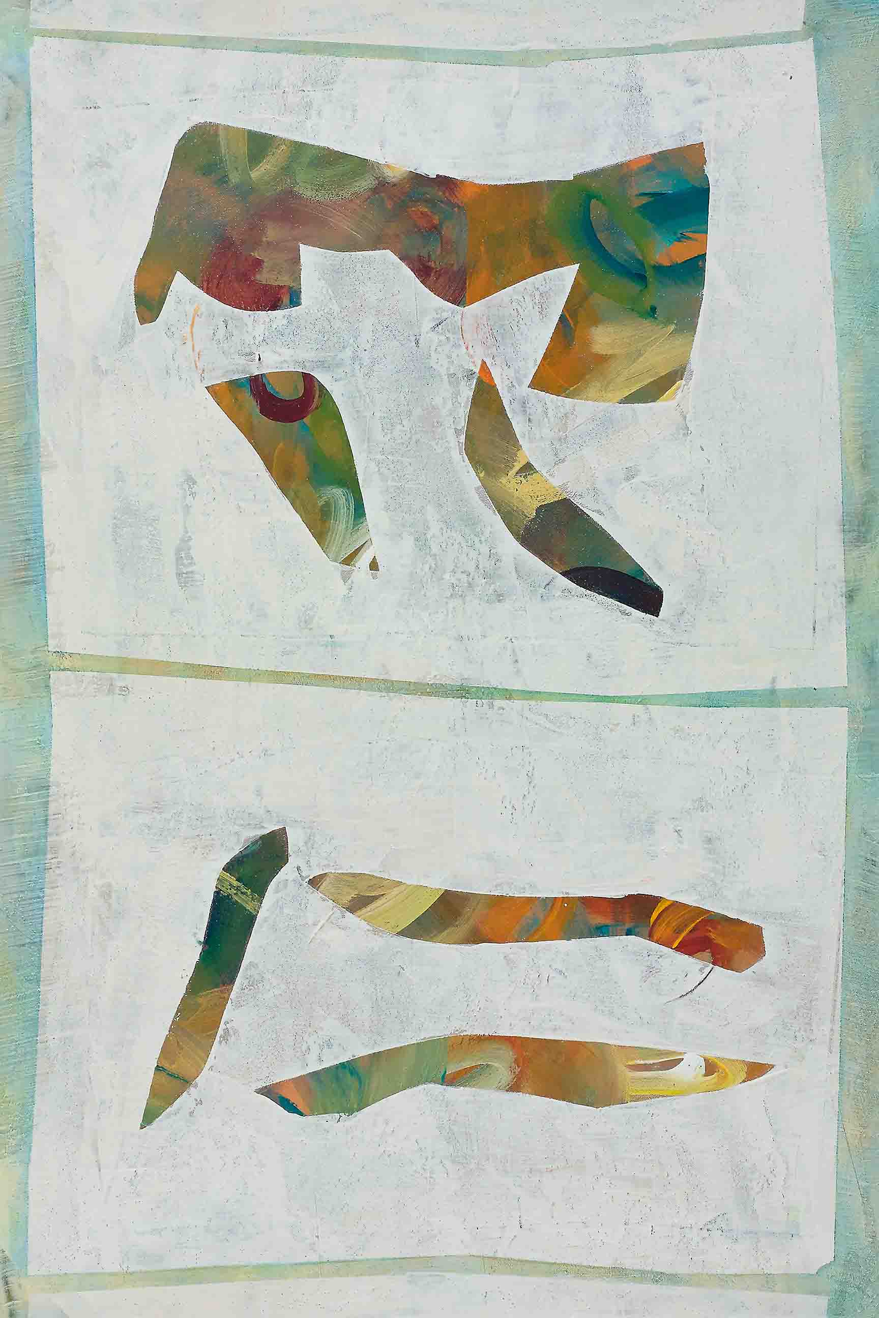 Symbolic abstract painting with white boxes filled with earthy greens, rust, ochre, and teal, evoking fragments of a mysterious language.