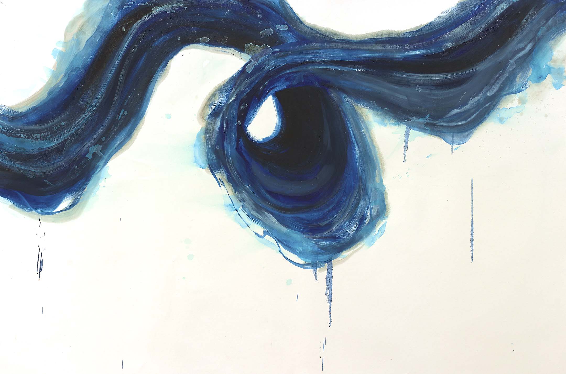 Indigo abstract painting with dark ribbon coiling into a vortex on pale canvas, evoking fluid motion, calm, and collapse.