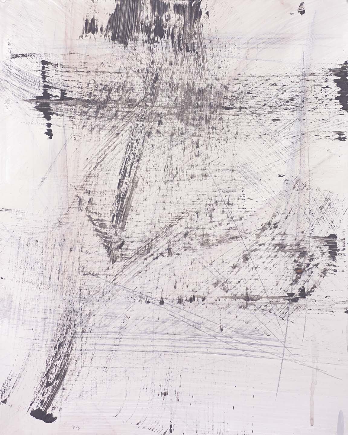 Minimalist abstract painting with smeared graphite and bold marks on a pale field, evoking motion, raw instinct, and industrial energy.