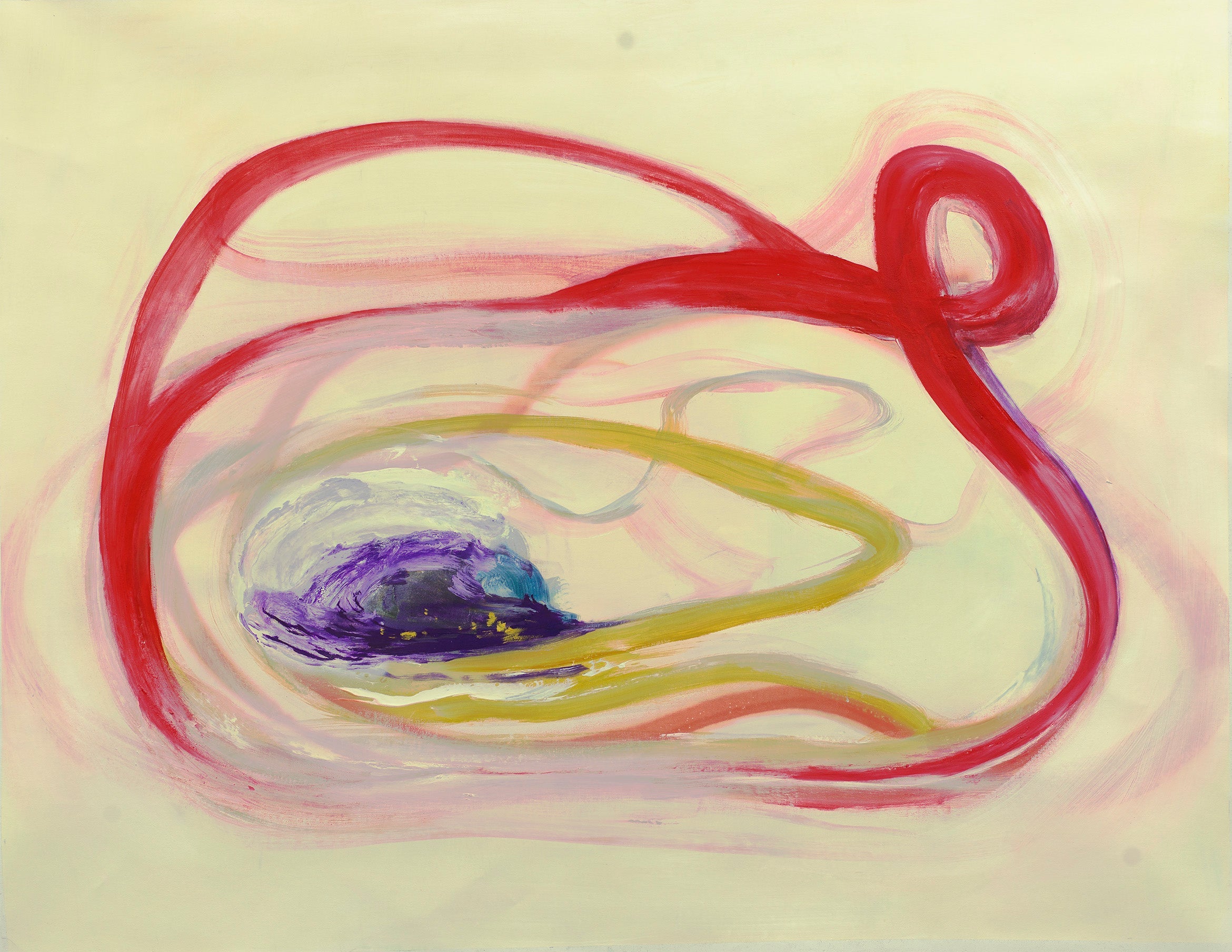 Vivid abstract painting with swirling crimson ribbon and pools of violet, blush, and citrus, evoking motion, play, and contemporary energy.