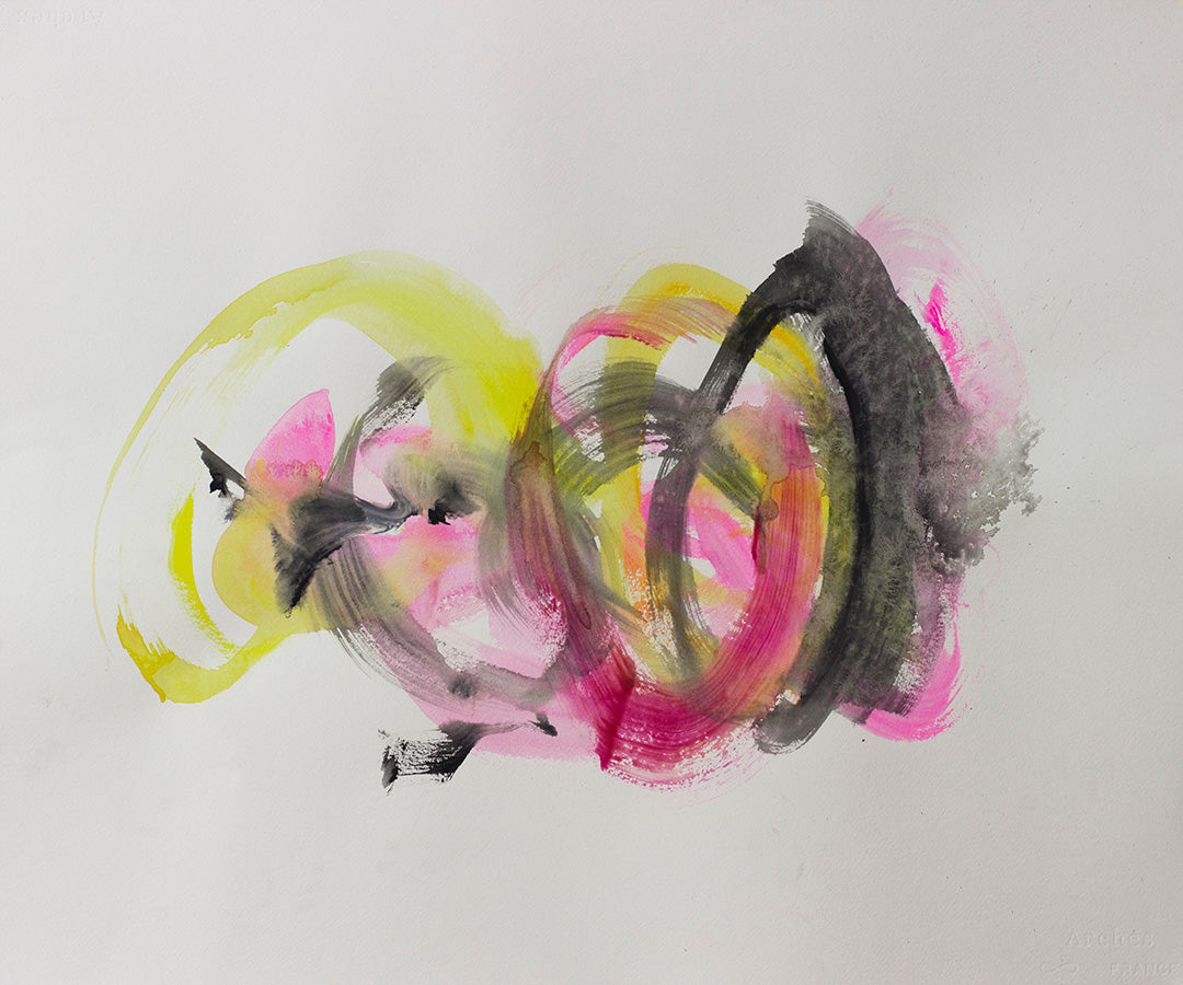 Colorful abstract painting with swirling yellow, pink, and black spirals full of energy and movement.