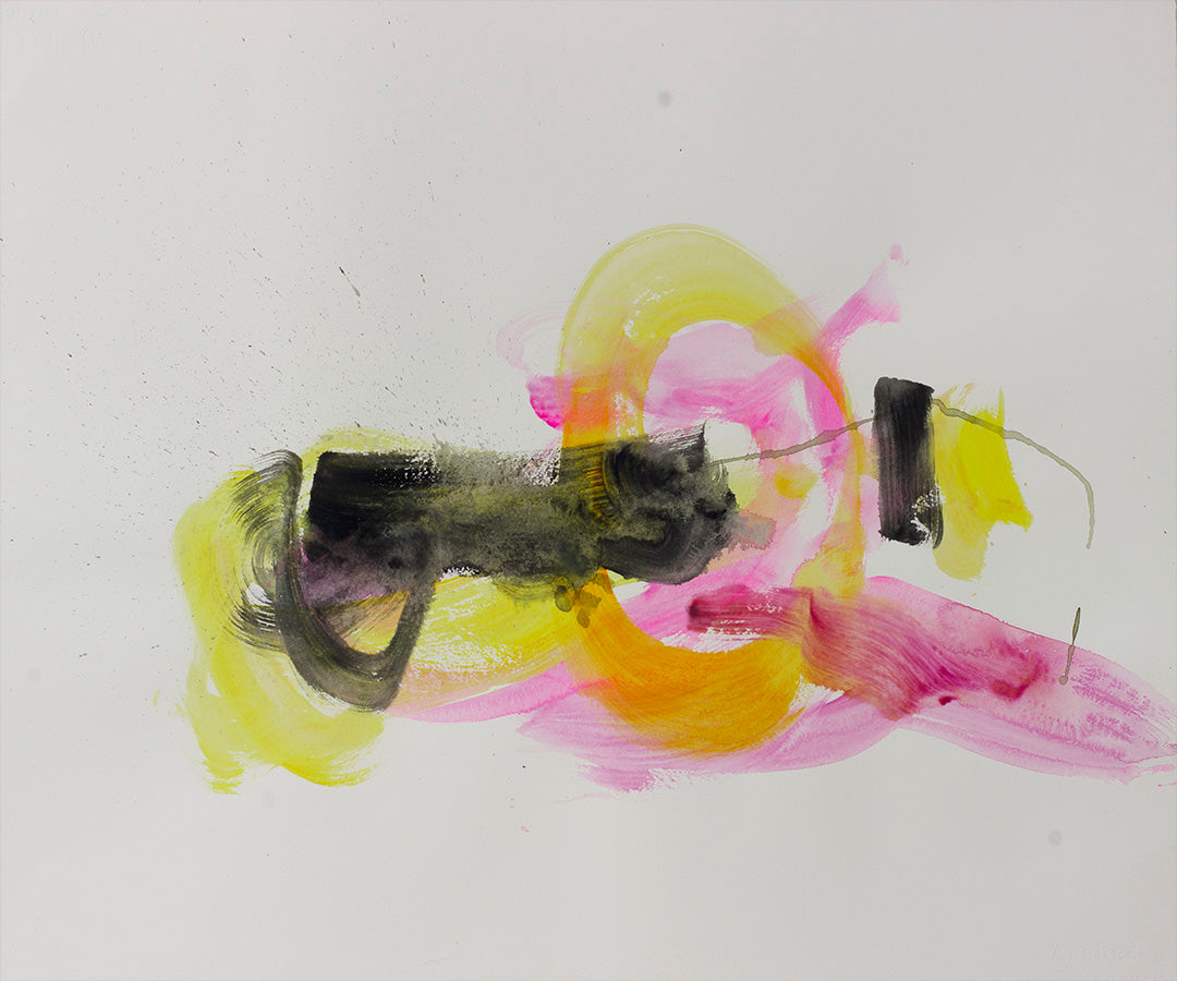 Expressive abstract painting with black, yellow, and fuchsia strokes showing energy and motion.
