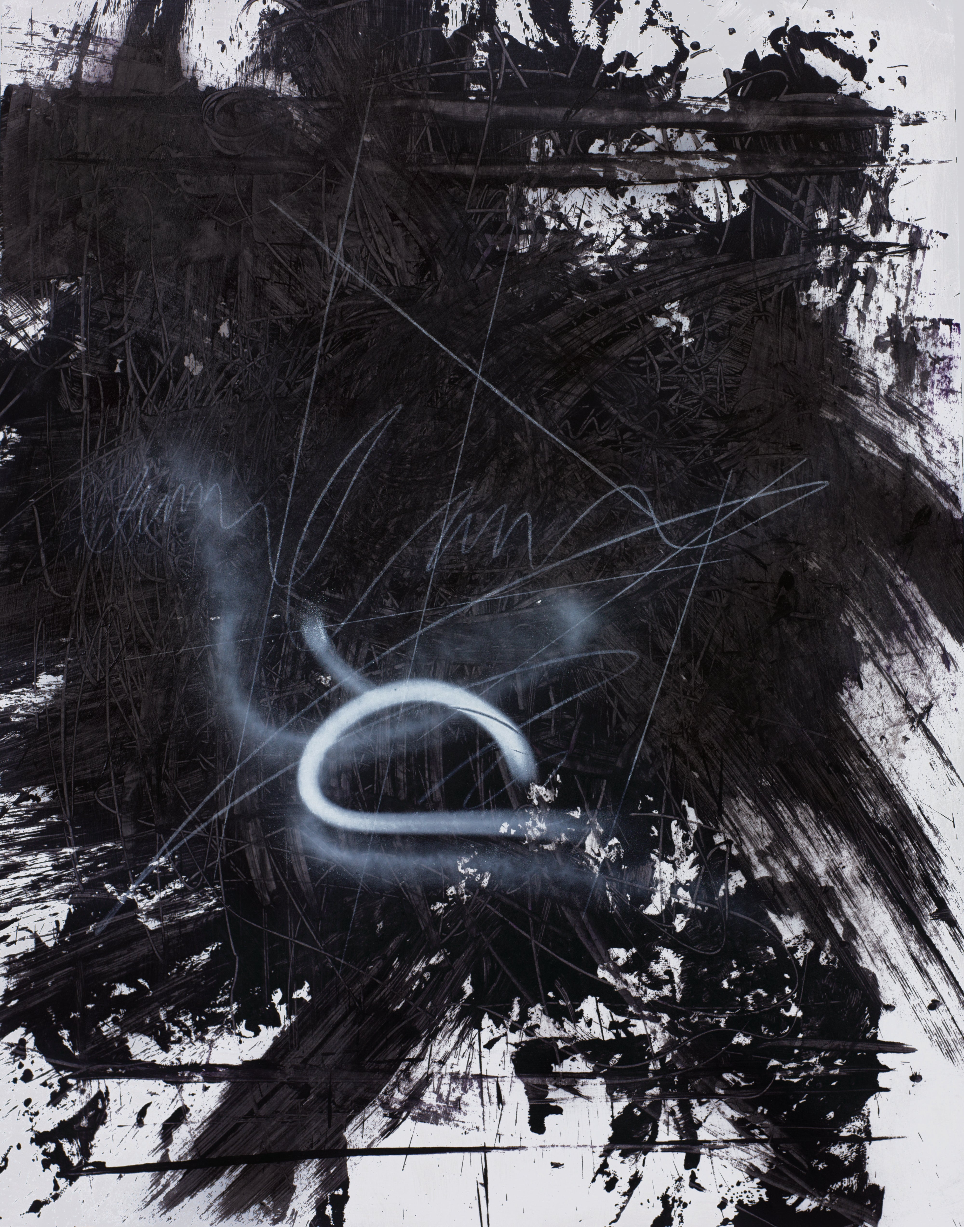 Moody abstract artwork with black smears and a glowing white loop, evoking tension, chaos, and quiet energy.