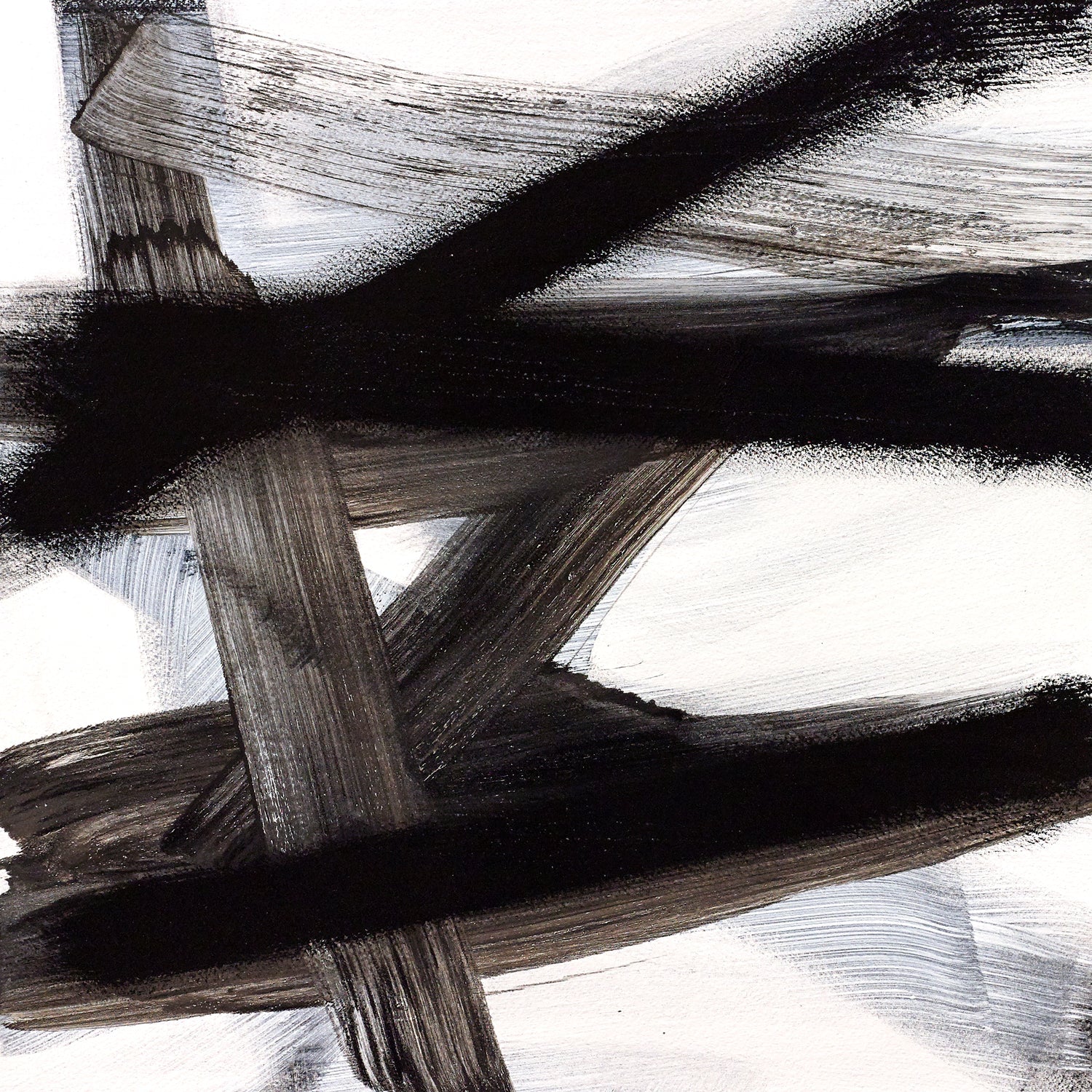 Gestural abstract painting in bold black and white showing motion, rhythm, and raw energy.