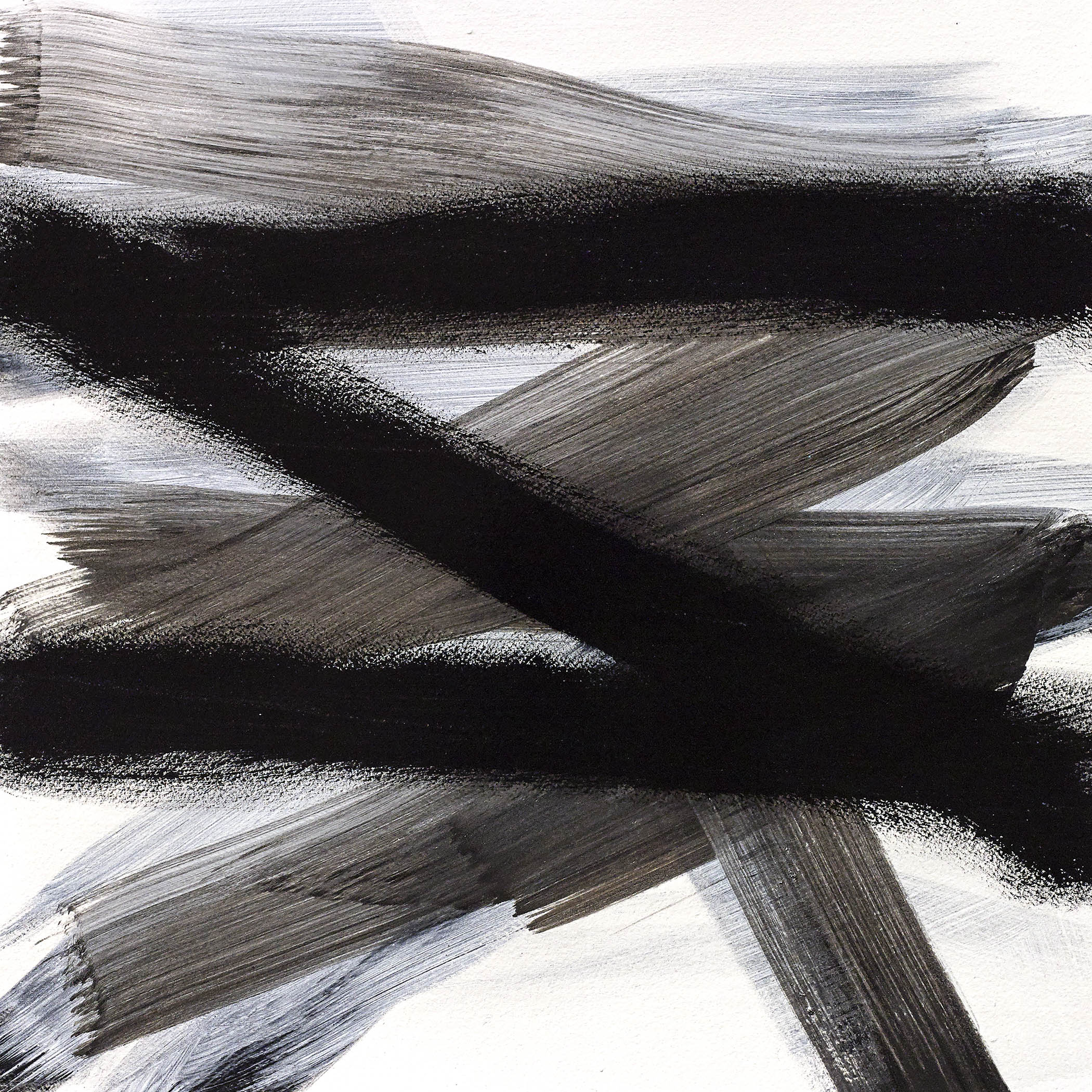 Modern monochrome painting with bold black and charcoal strokes on a pale background.