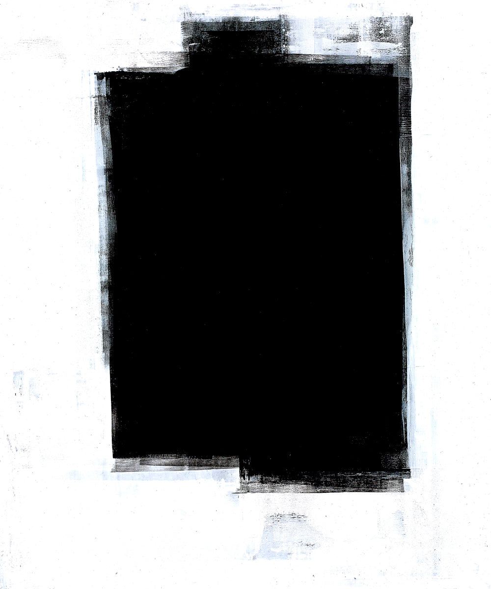 Minimalist abstract painting with a solid black rectangle floating in a halo of smudged white rough intentional edges exploring contrast boundary presence and absence