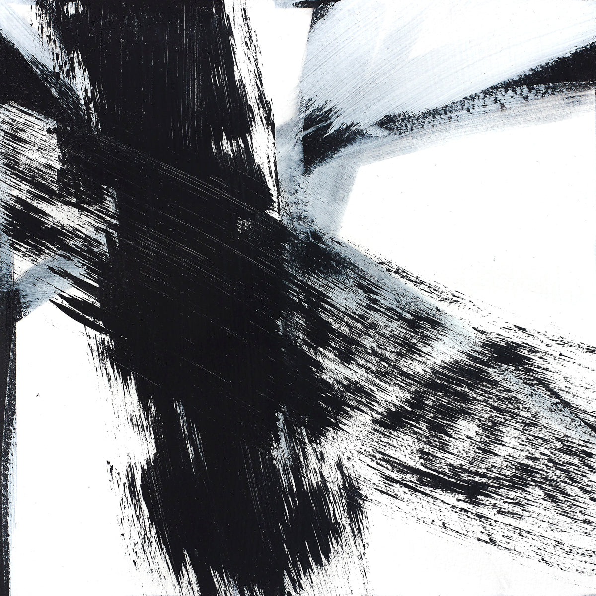 Monochrome abstract painting with black strokes and graphite smears on white, evoking raw urgency, primal clarity, and energetic friction.