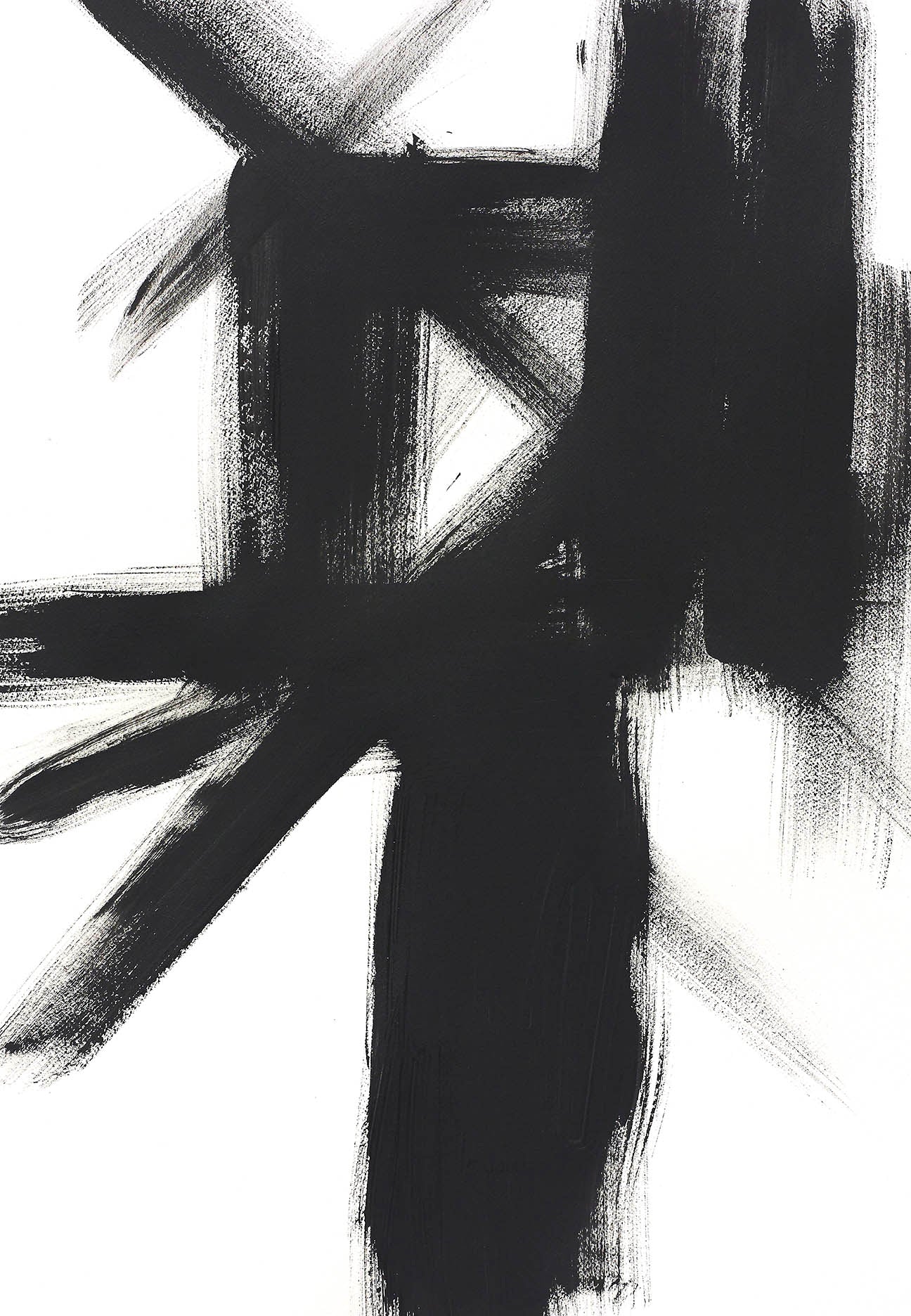 Structural abstract painting with bold black strokes forming a jagged framework on a white canvas.