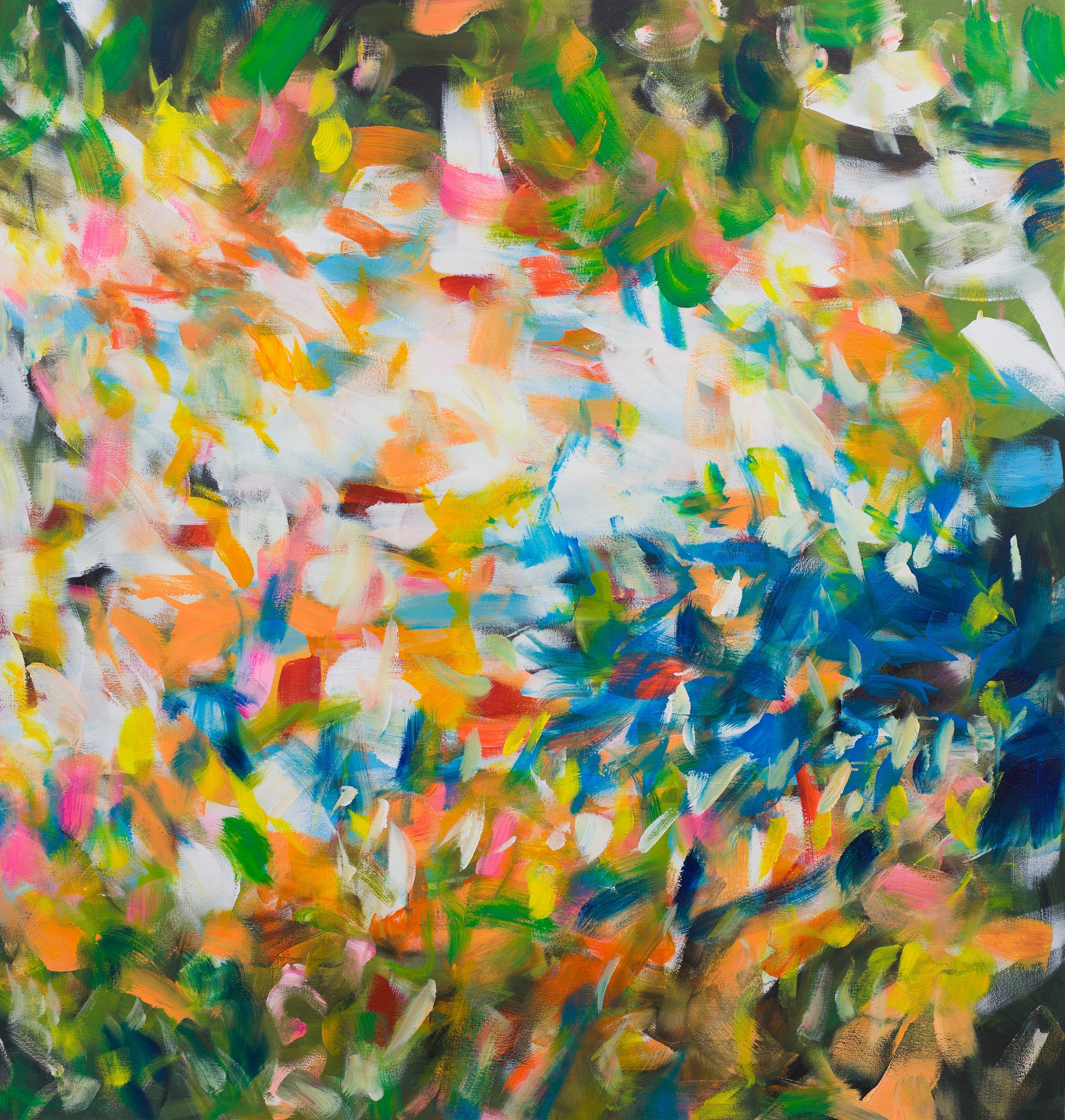 Colorful abstract painting with hot pinks, jungle greens, and electric blues, exploding like confetti in motion and radiating celebratory energy.