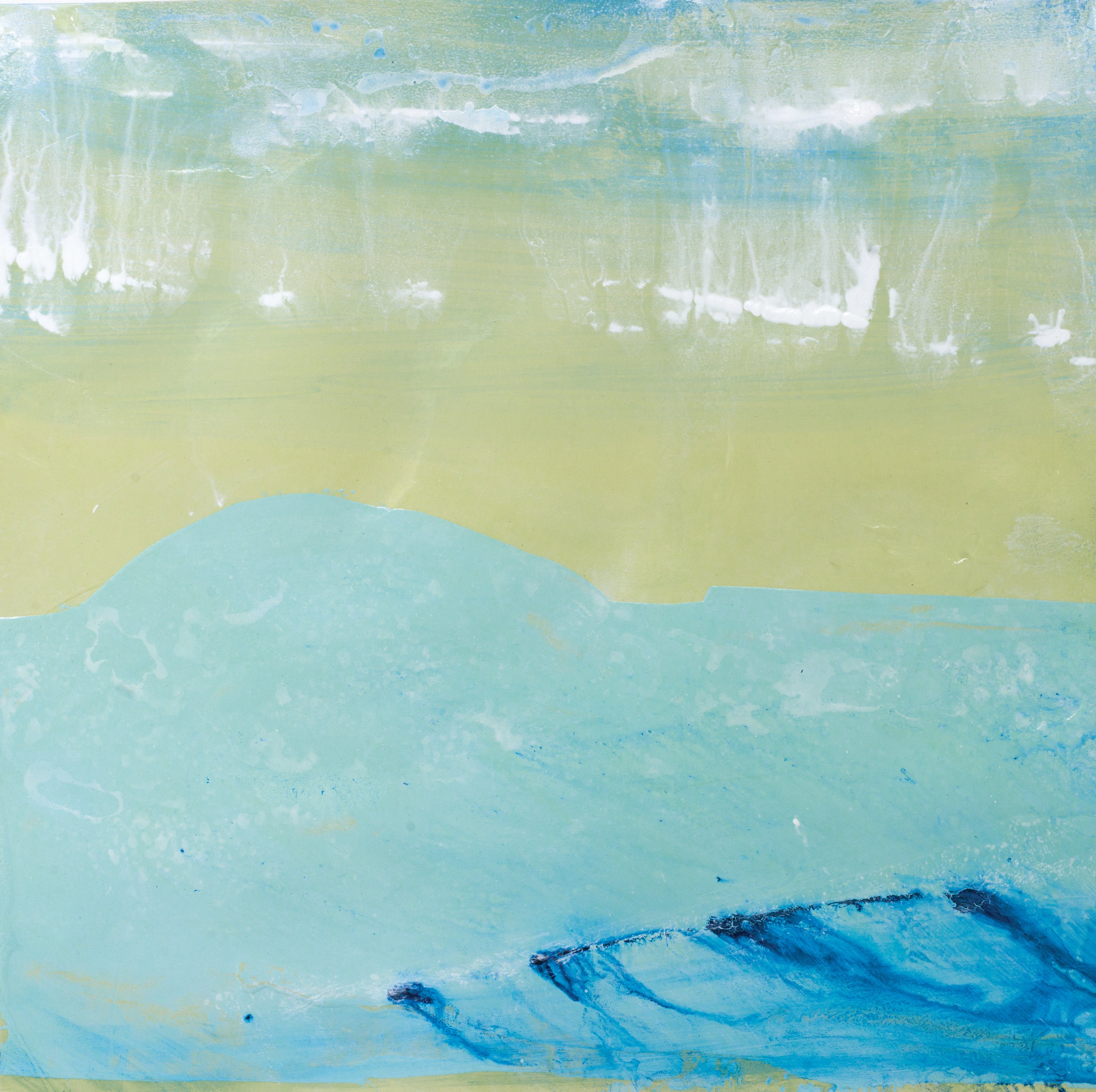 Minimalist abstract landscape art with soft aqua and pale olive tones blending into a serene horizon with wisps of white above.