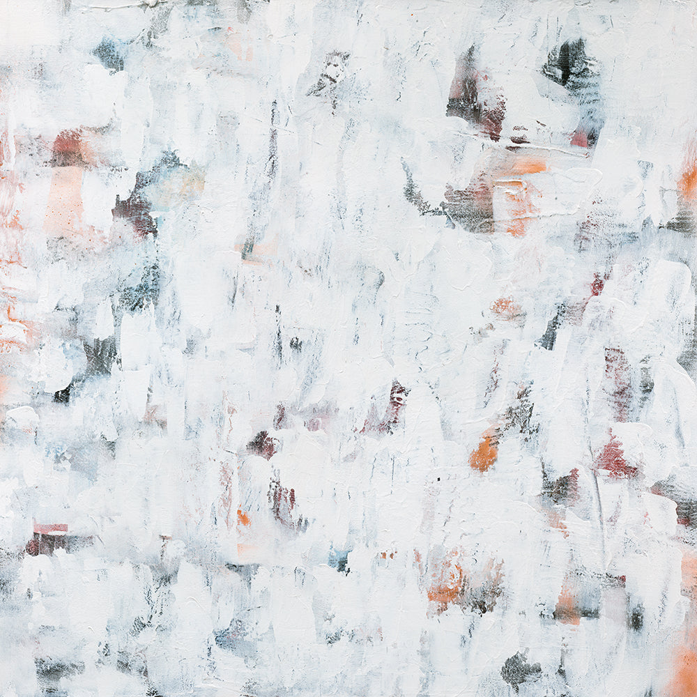 Hazy abstract painting in whites and grays with rust and blush accents, weathered and quiet, evoking memory and atmosphere.