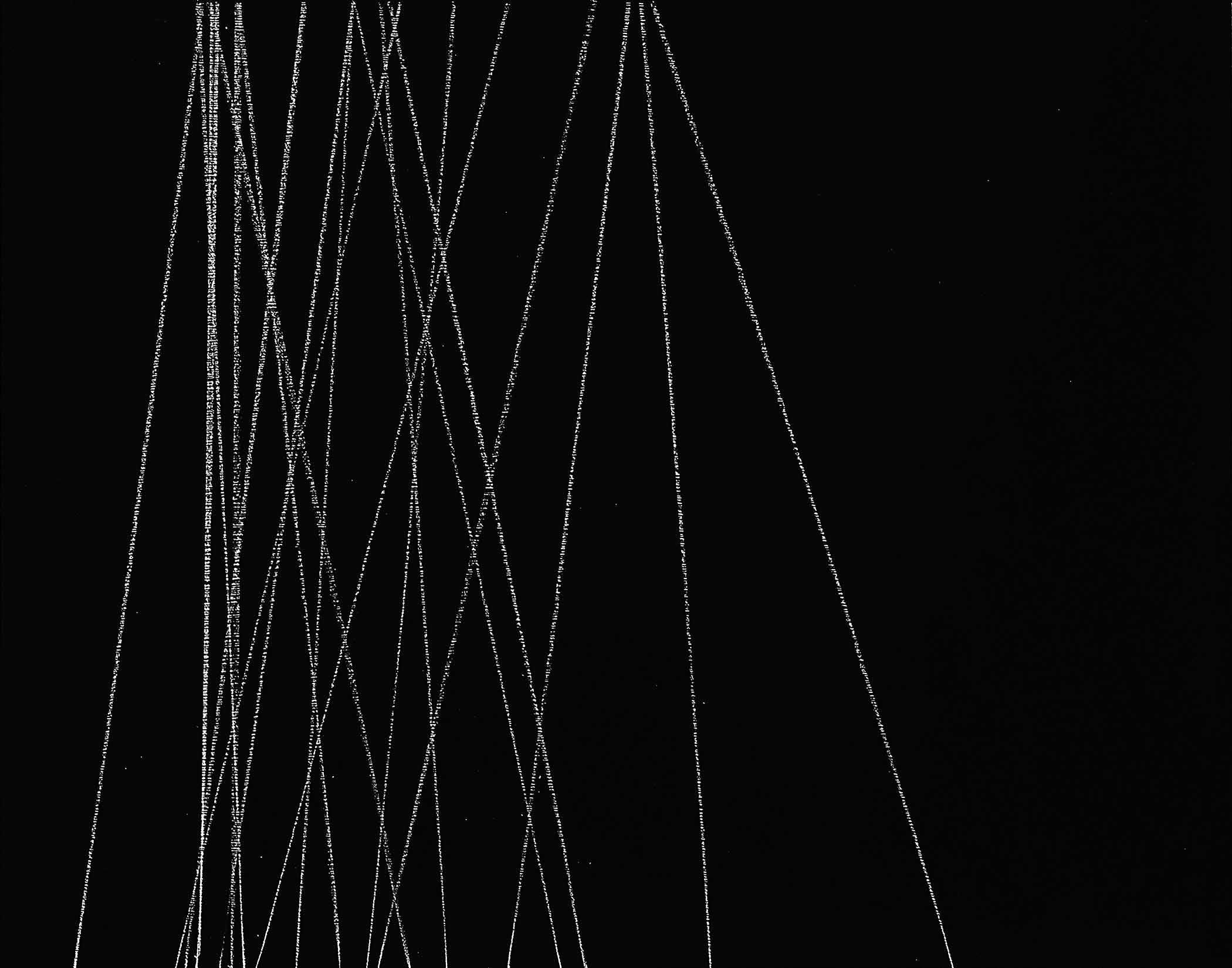 Minimal abstract composition with thin white lines on black, evoking rhythm, silence, and quiet energy.