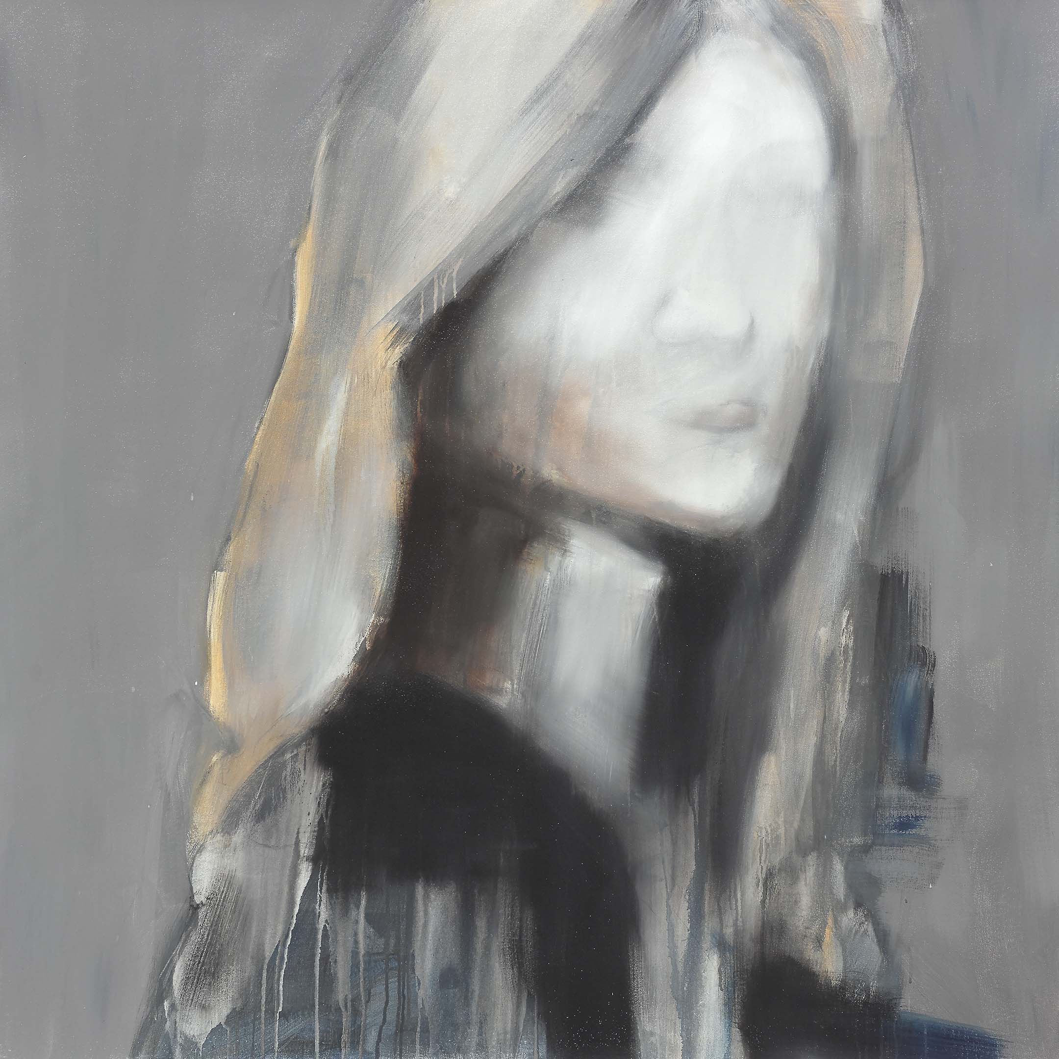 Serene abstract portrait with faceless figure in gray and ochre tones, soft and atmospheric.